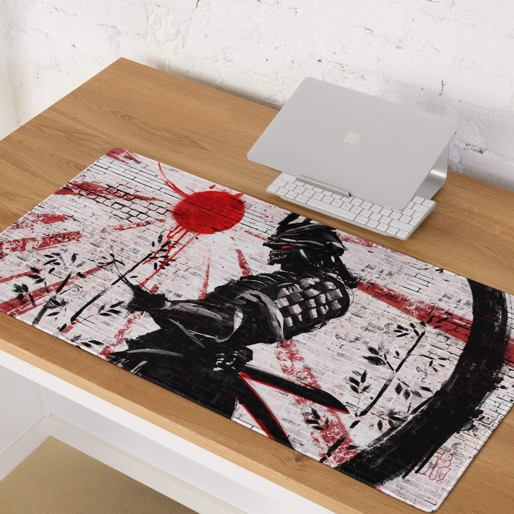 Black and red samurai-themed large non slip gaming mousepad with brick wall design for desk graffiti style