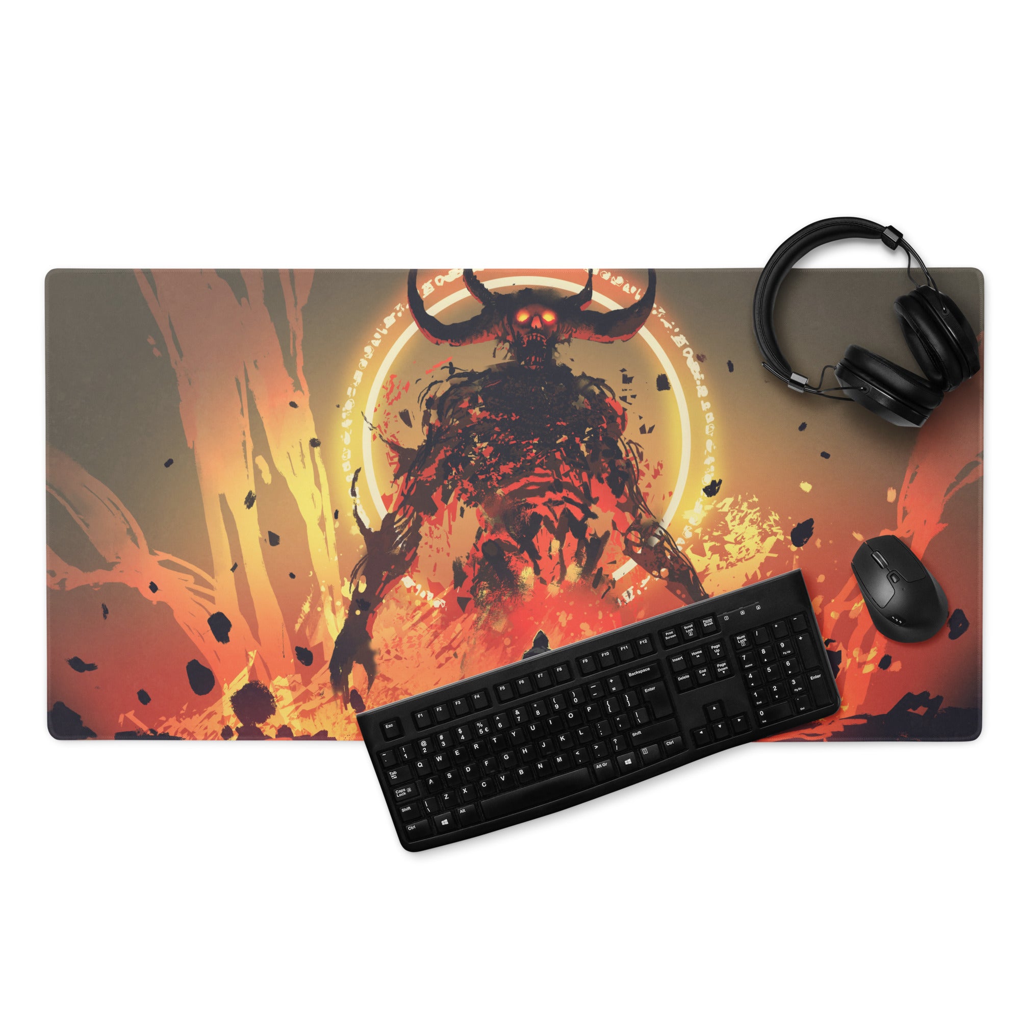 Fiery Demon Warrior Gaming Mouse Pad Orange Black Red Large Desk Mat Gaming Setup Non Slip Edge Stitch Epic Fantasy Art