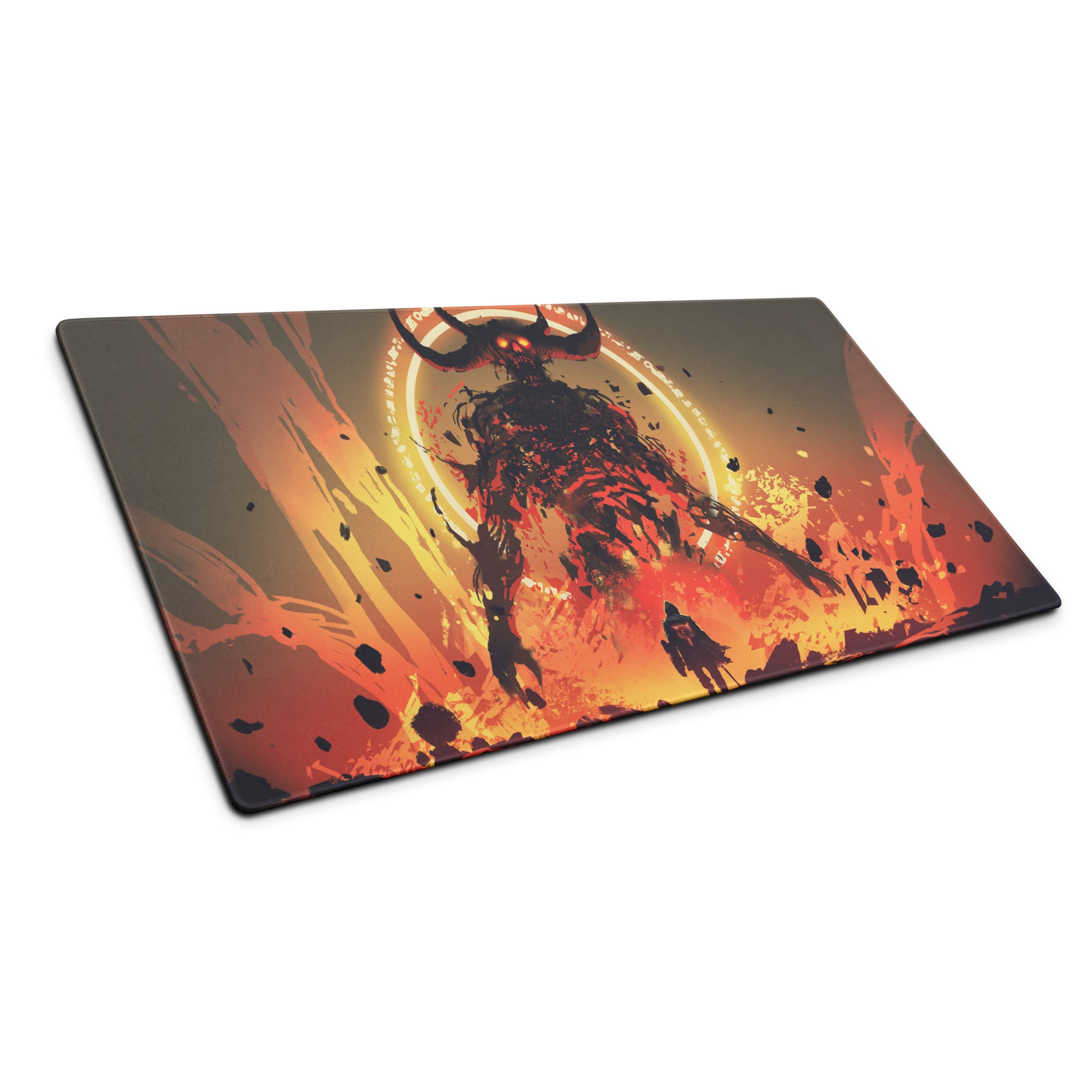 Fiery Demon Warrior Gaming Mouse Pad Orange Black Red Large Desk Mat Gaming Setup Non Slip Edge Stitch Epic Fantasy Art