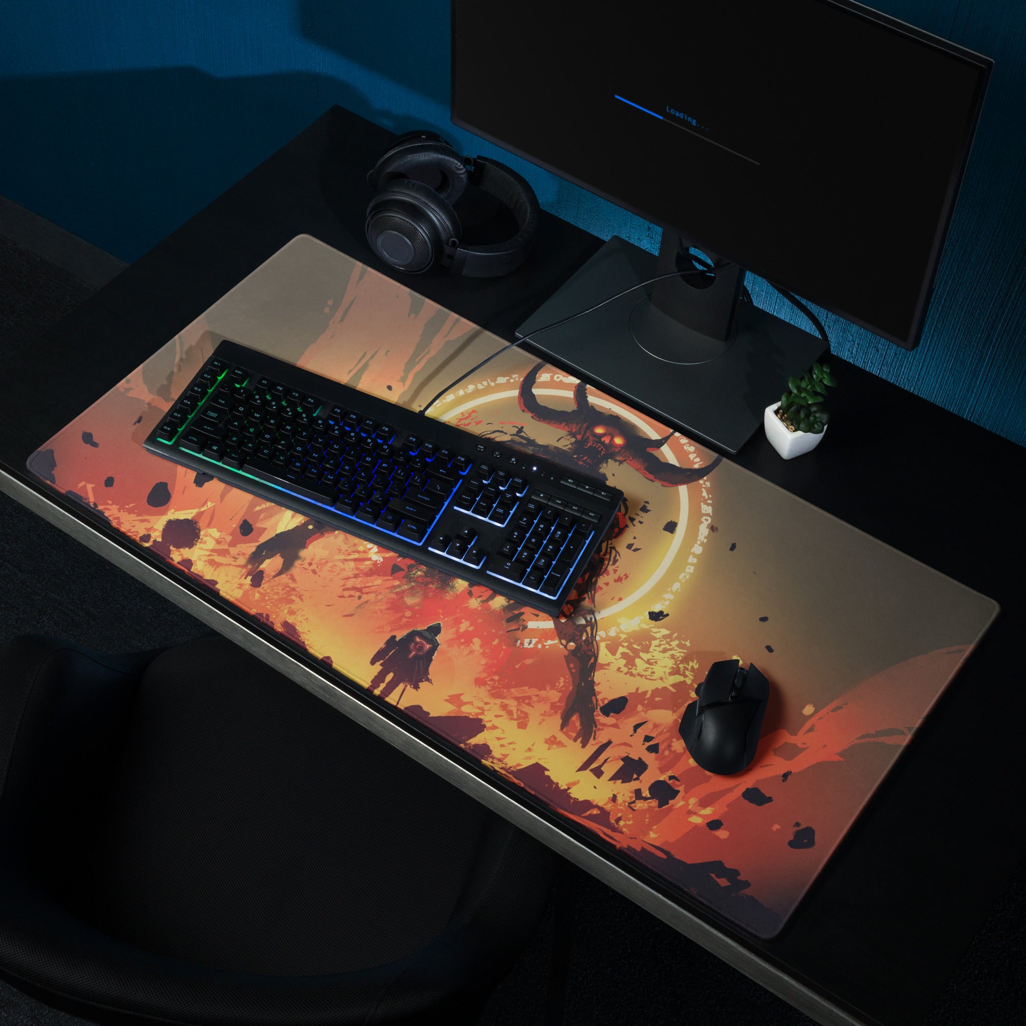 Fiery Demon Warrior Gaming Mouse Pad Orange Black Red Large Desk Mat Gaming Setup Non Slip Edge Stitch Epic Fantasy Art