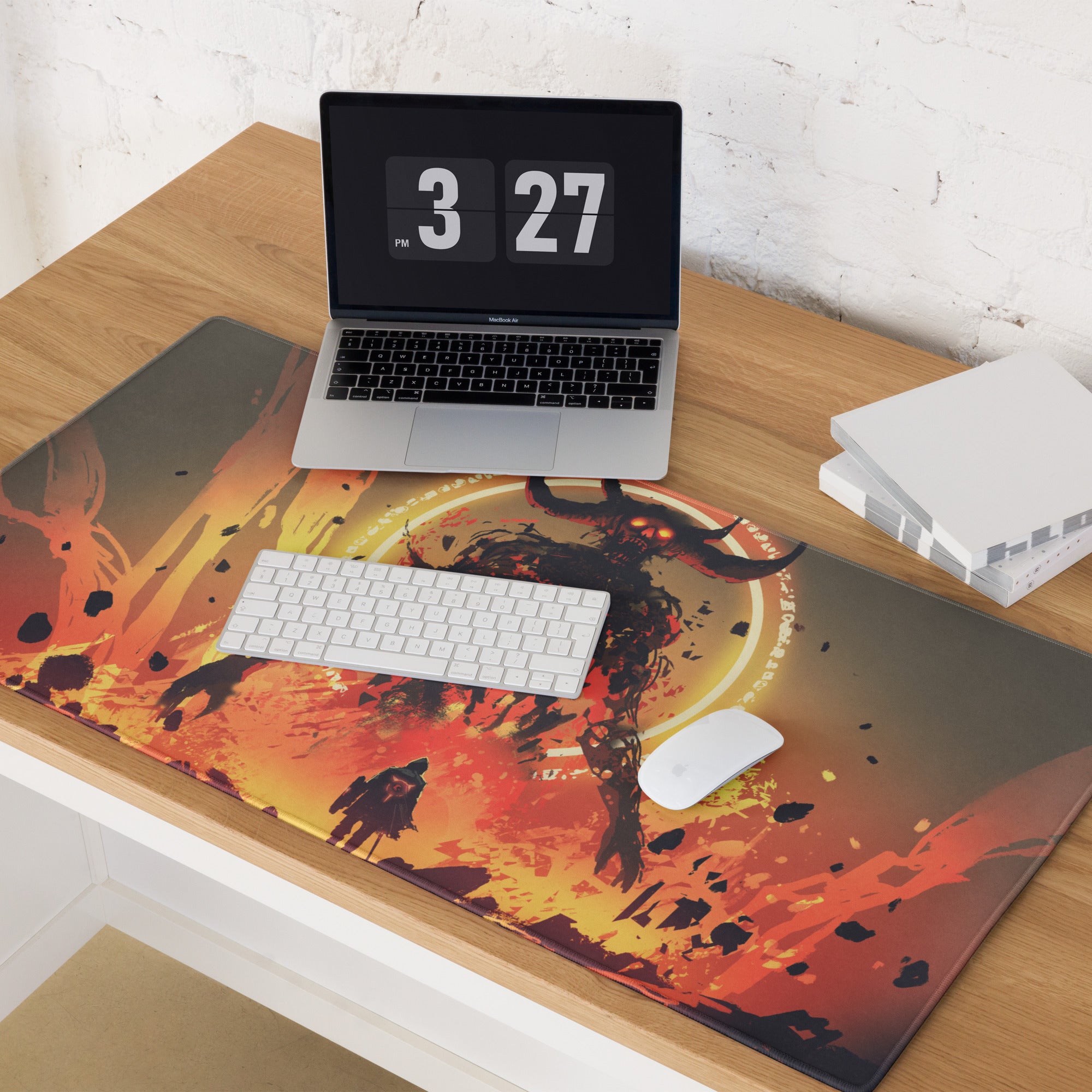 Fiery Demon Warrior Gaming Mouse Pad Orange Black Red Large Desk Mat Gaming Setup Non Slip Edge Stitch Epic Fantasy Art