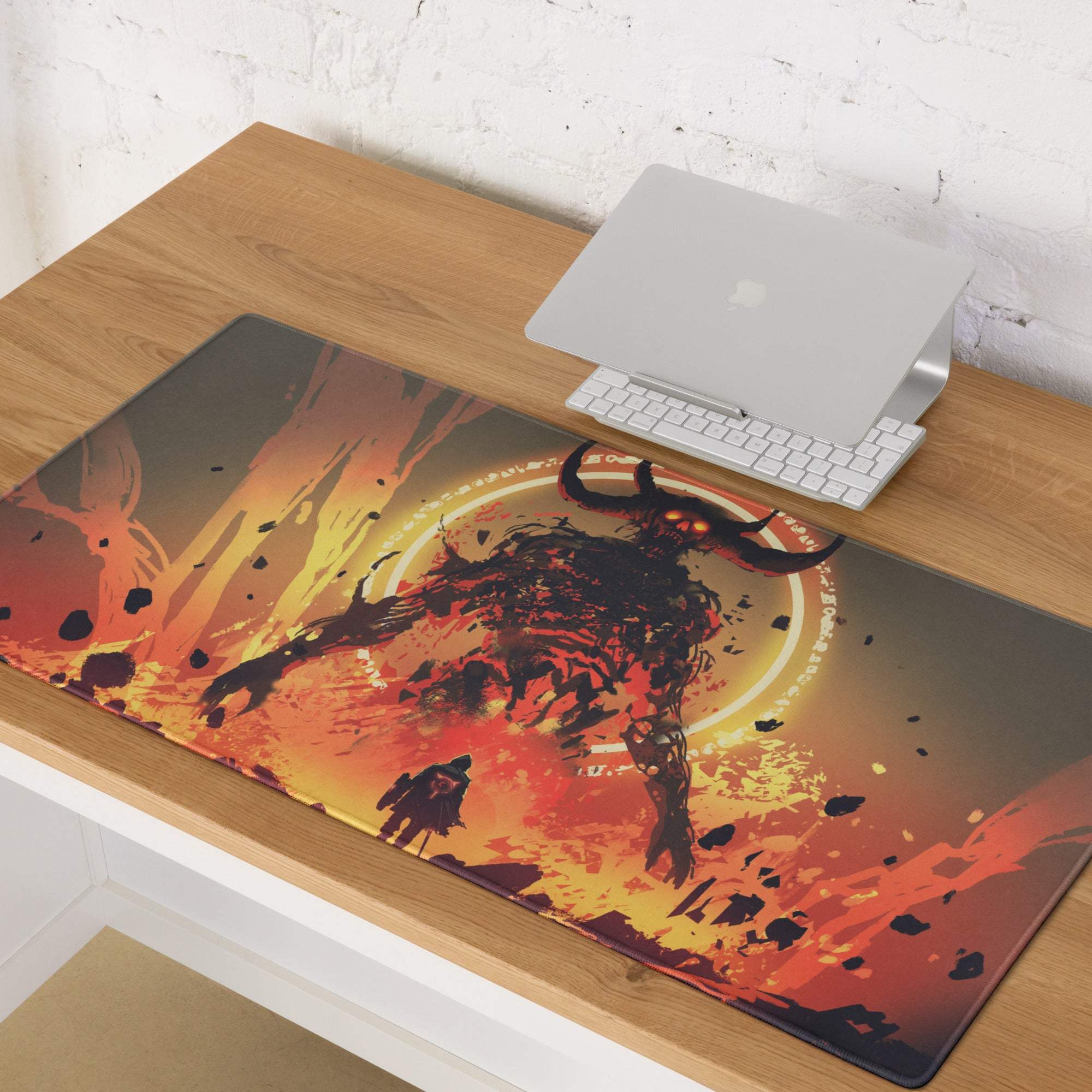 Infernal demon warrior gaming mousepad with fiery orange and red demonic design on a rectangular black desk mat