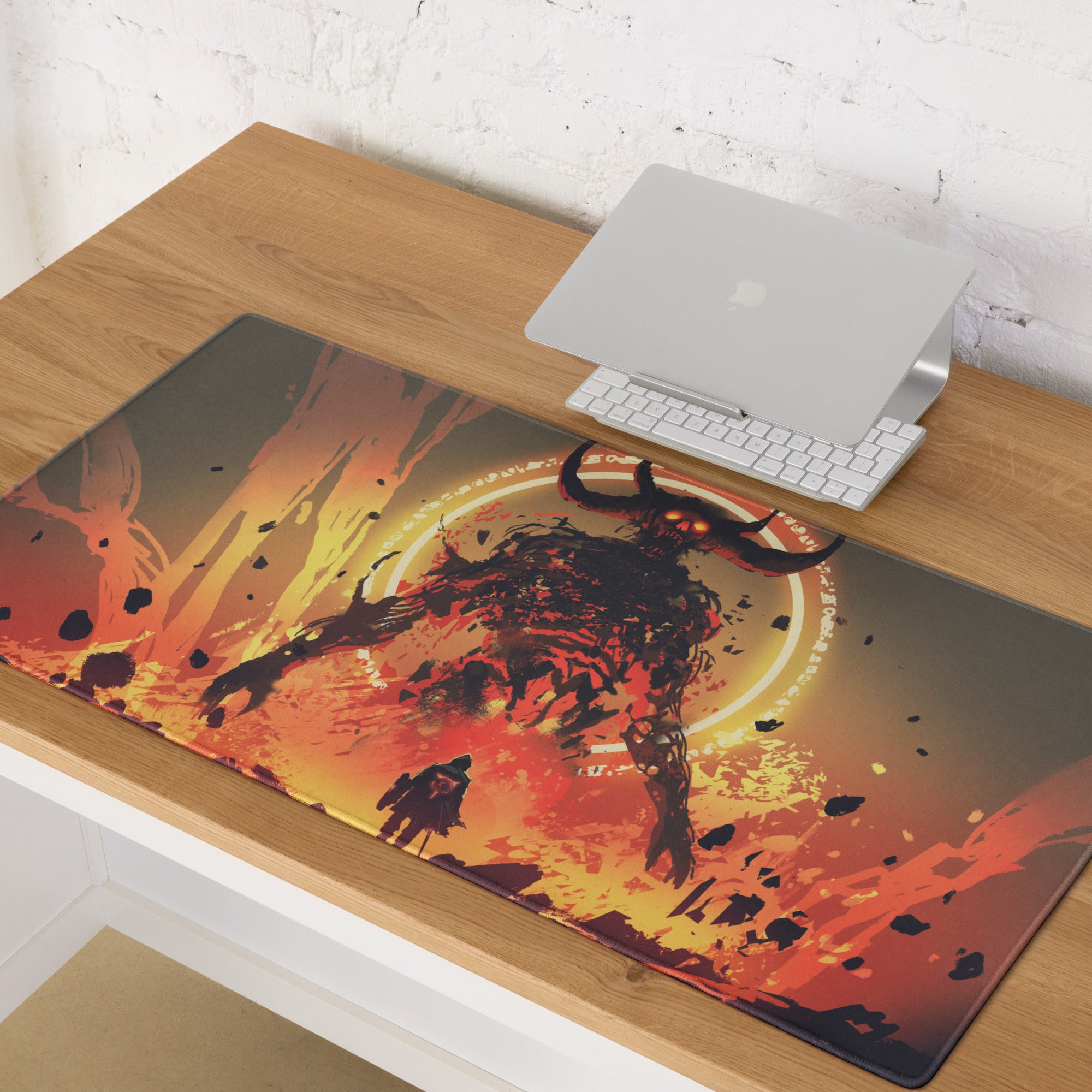 Fiery Demon Warrior Gaming Mouse Pad Orange Black Red Large Desk Mat Gaming Setup Non Slip Edge Stitch Epic Fantasy Art