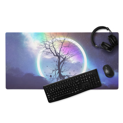 Gaming Mouse Pad Rainbow Night Sky Circle Tree Silhouette For Desk Large Non Slip Gaming Mat Modern Fantasy Art
