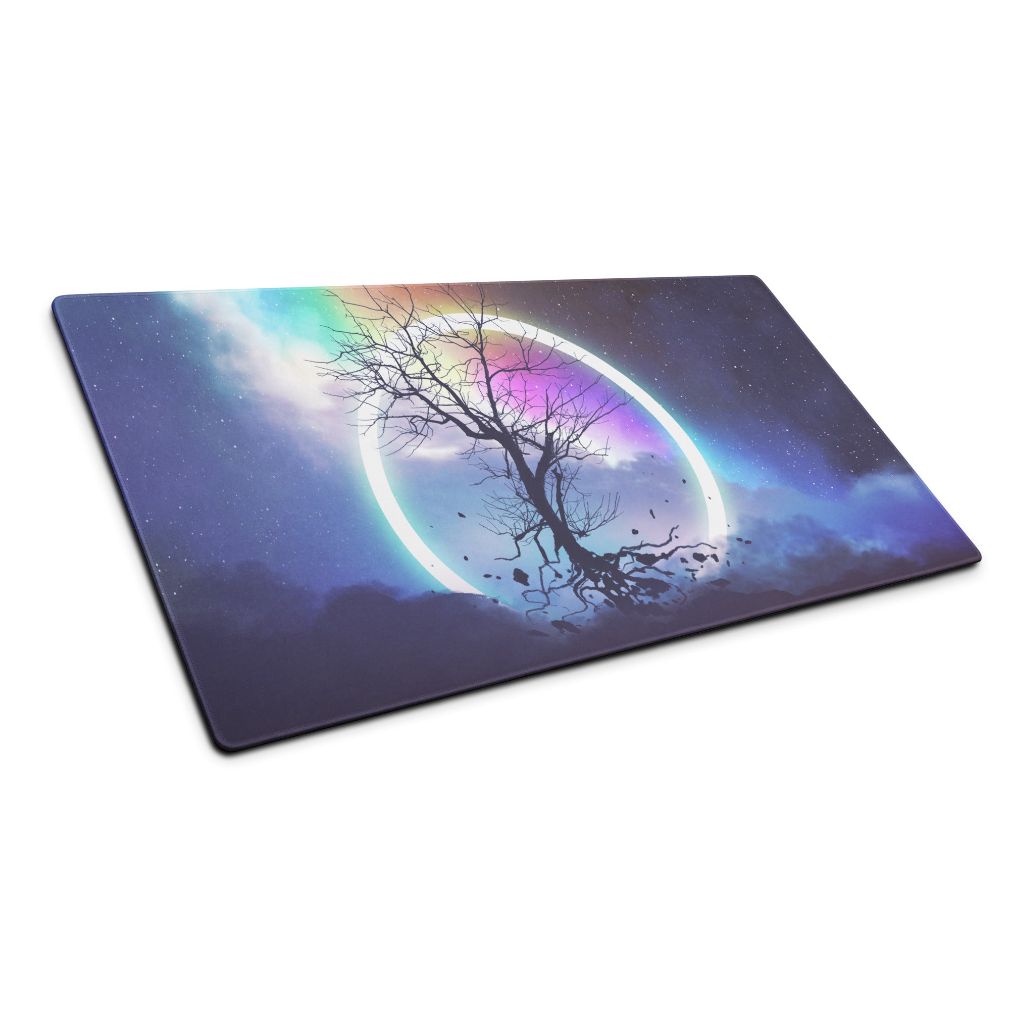 Gaming Mouse Pad Rainbow Night Sky Circle Tree Silhouette For Desk Large Non Slip Gaming Mat Modern Fantasy Art