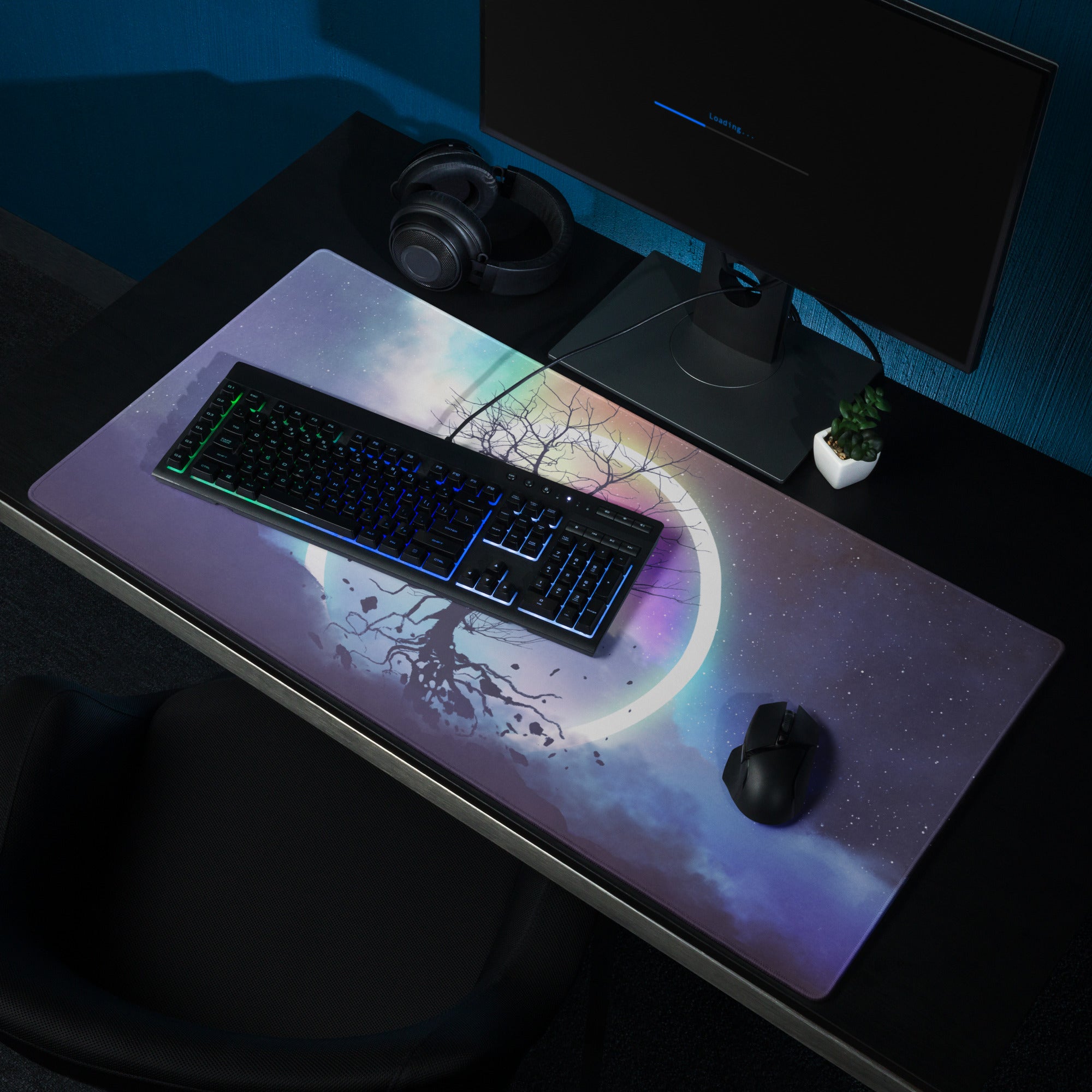 Gaming Mouse Pad Rainbow Night Sky Circle Tree Silhouette For Desk Large Non Slip Gaming Mat Modern Fantasy Art