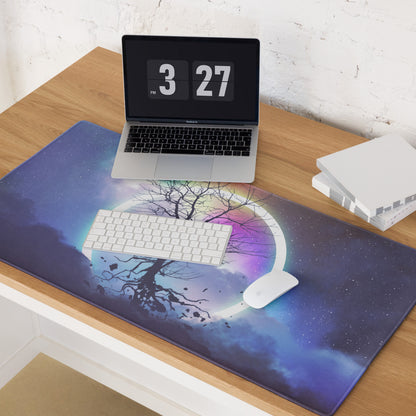 Gaming Mouse Pad Rainbow Night Sky Circle Tree Silhouette For Desk Large Non Slip Gaming Mat Modern Fantasy Art