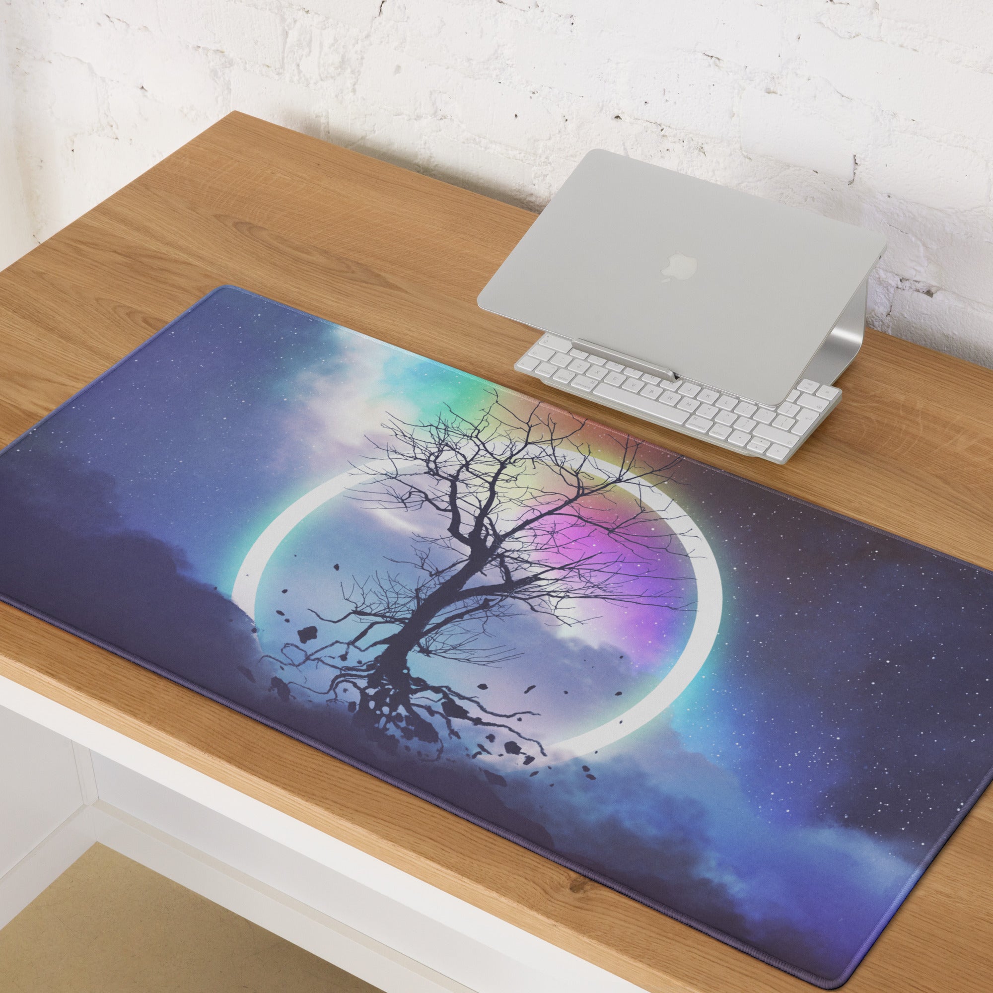 Gaming Mouse Pad Rainbow Night Sky Circle Tree Silhouette For Desk Large Non Slip Gaming Mat Modern Fantasy Art