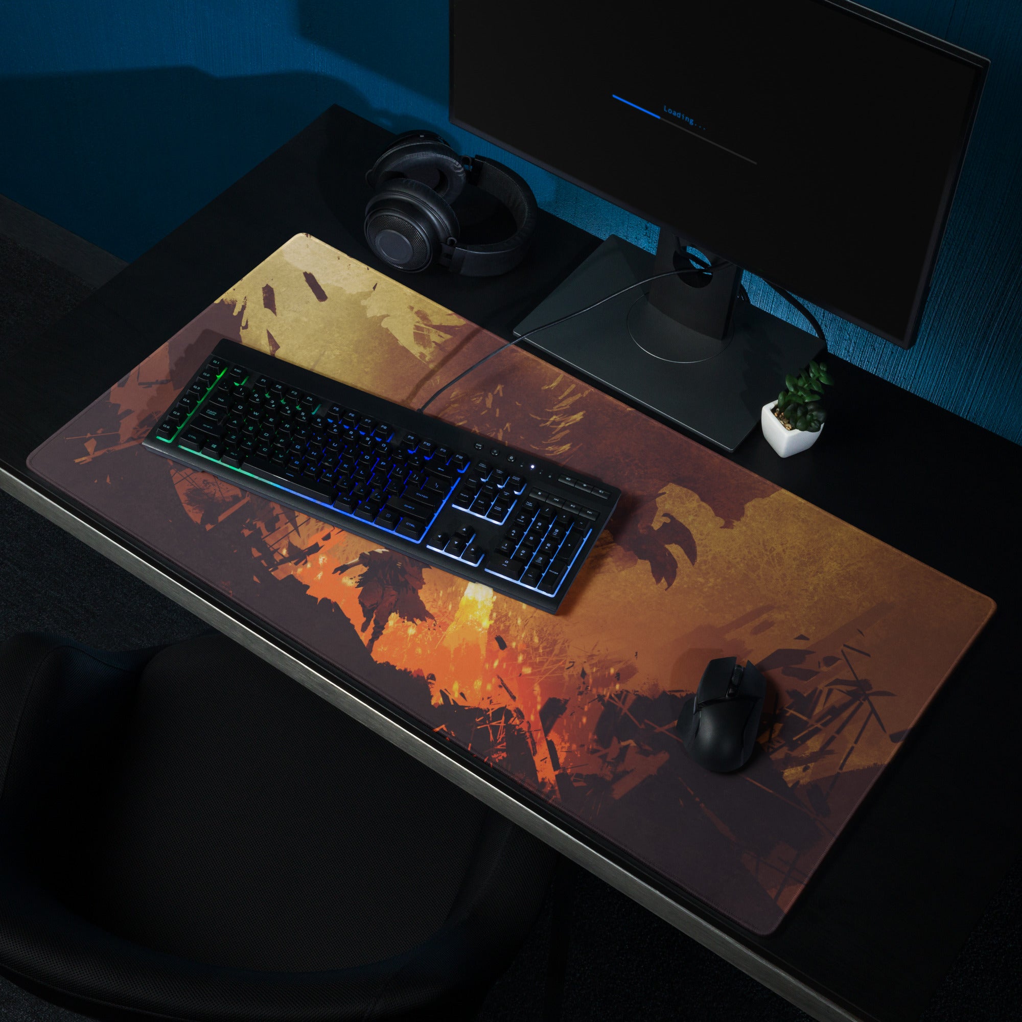 Gamer Mouse Pad Fiery Orange Black Large Size for Gaming Desk Setup Edge Stitching Non Slip