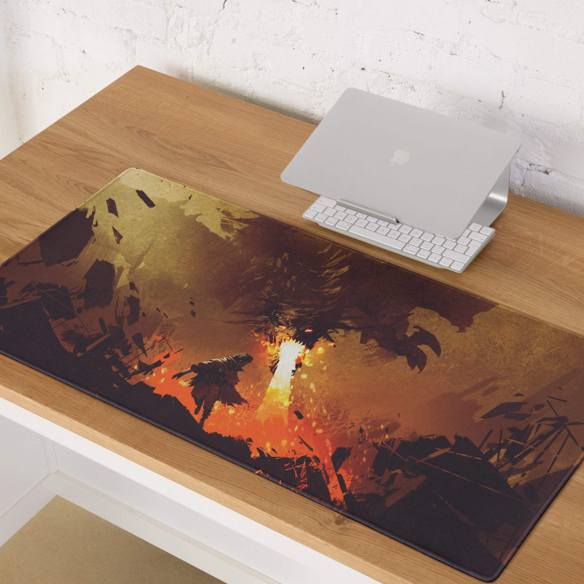 Inferno flame edge gaming mouse pad rectangular with fiery orange black battle scene for esports desk use 36x18
