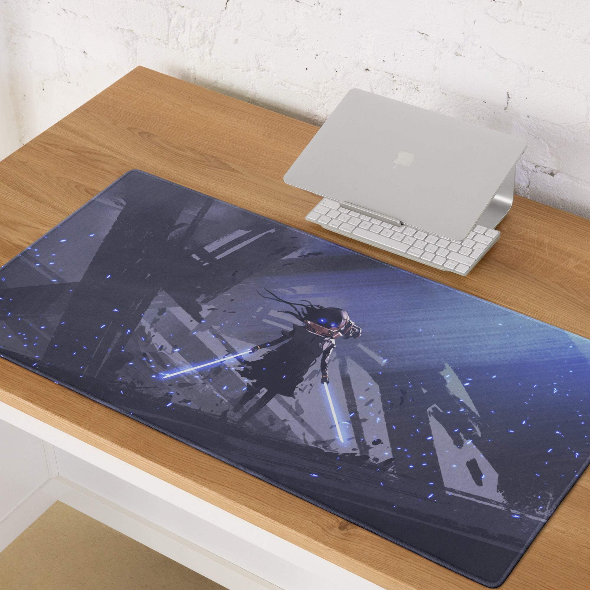 Dark blue and black gaming mousepad with stylized anime character wielding glowing lightsabers on shattered architecture background