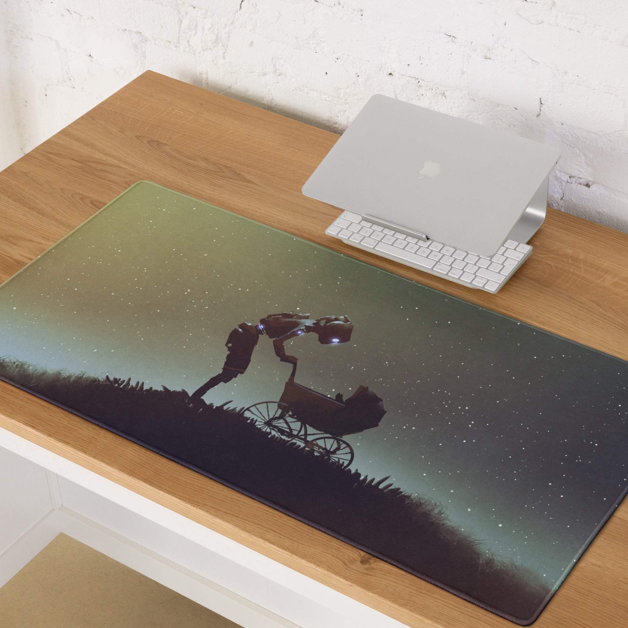 A rectangular glossy cosmic gradient mouse pad with a dark silhouette and starry green black sky design