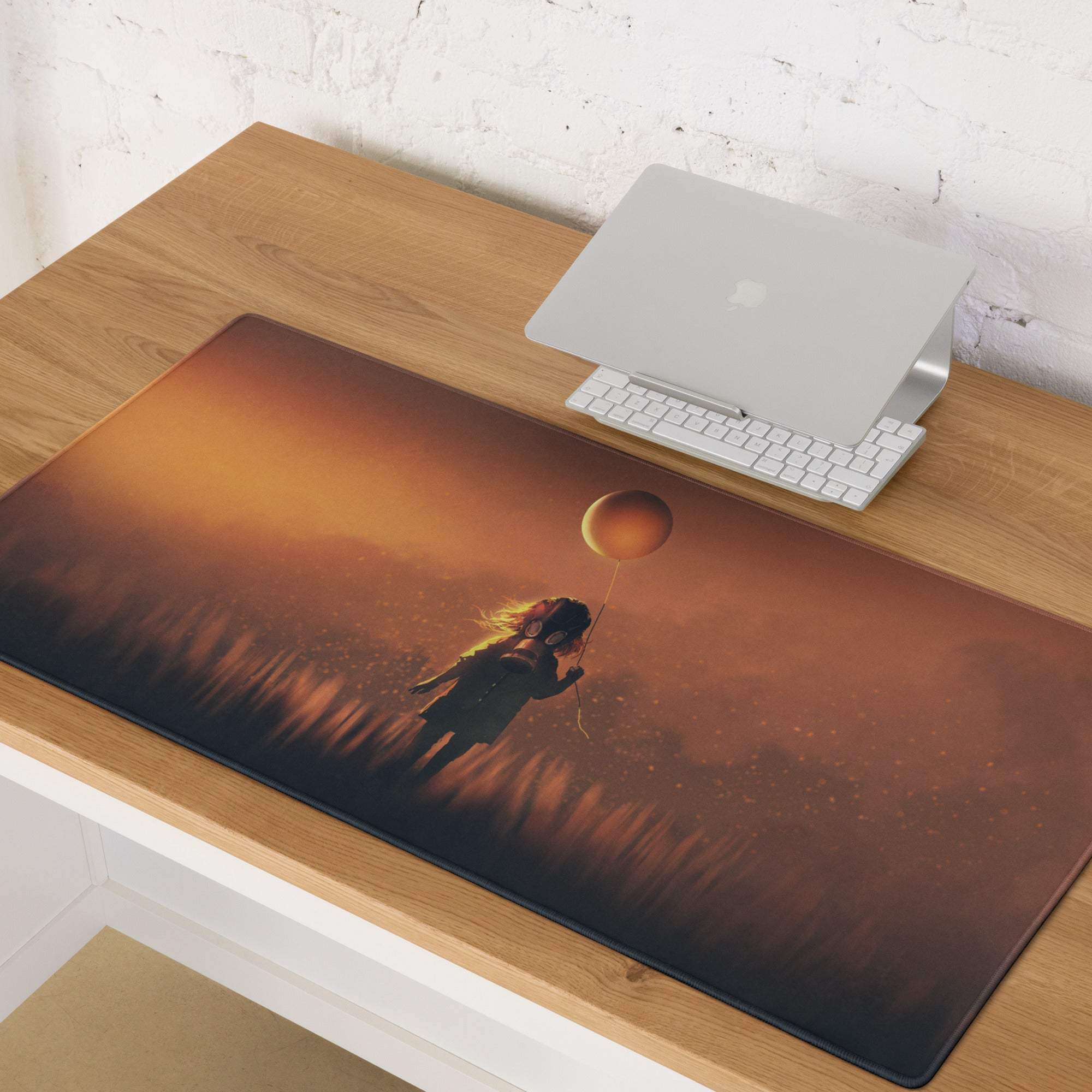 Sunset copper balloon gaming mouse pad with glossy dark brown and orange illustration of girl holding balloon in misty field