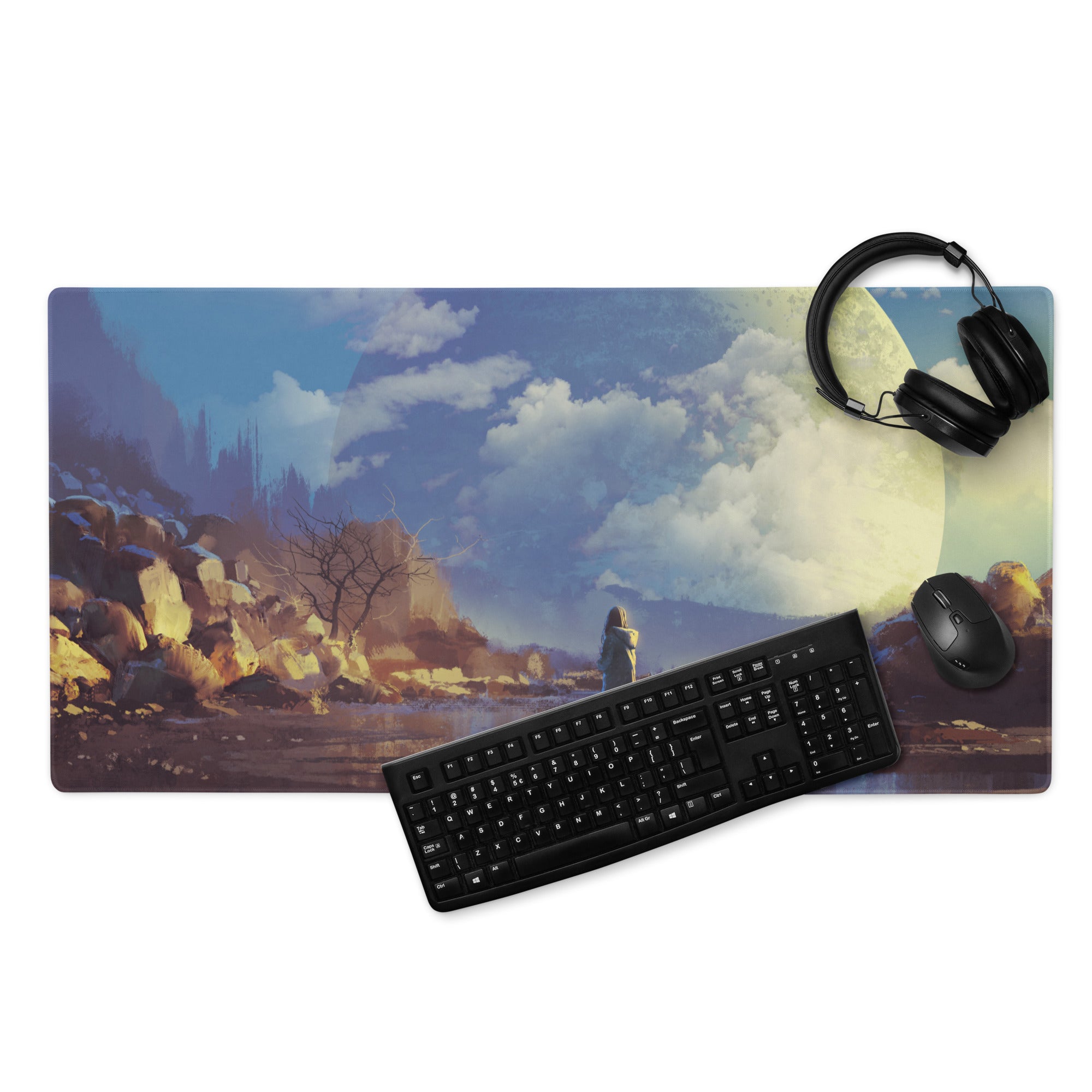 Gaming Mouse Pad Blue Moonlit Landscape For Desk Setup Surreal Painterly Dreamy Style Artwork