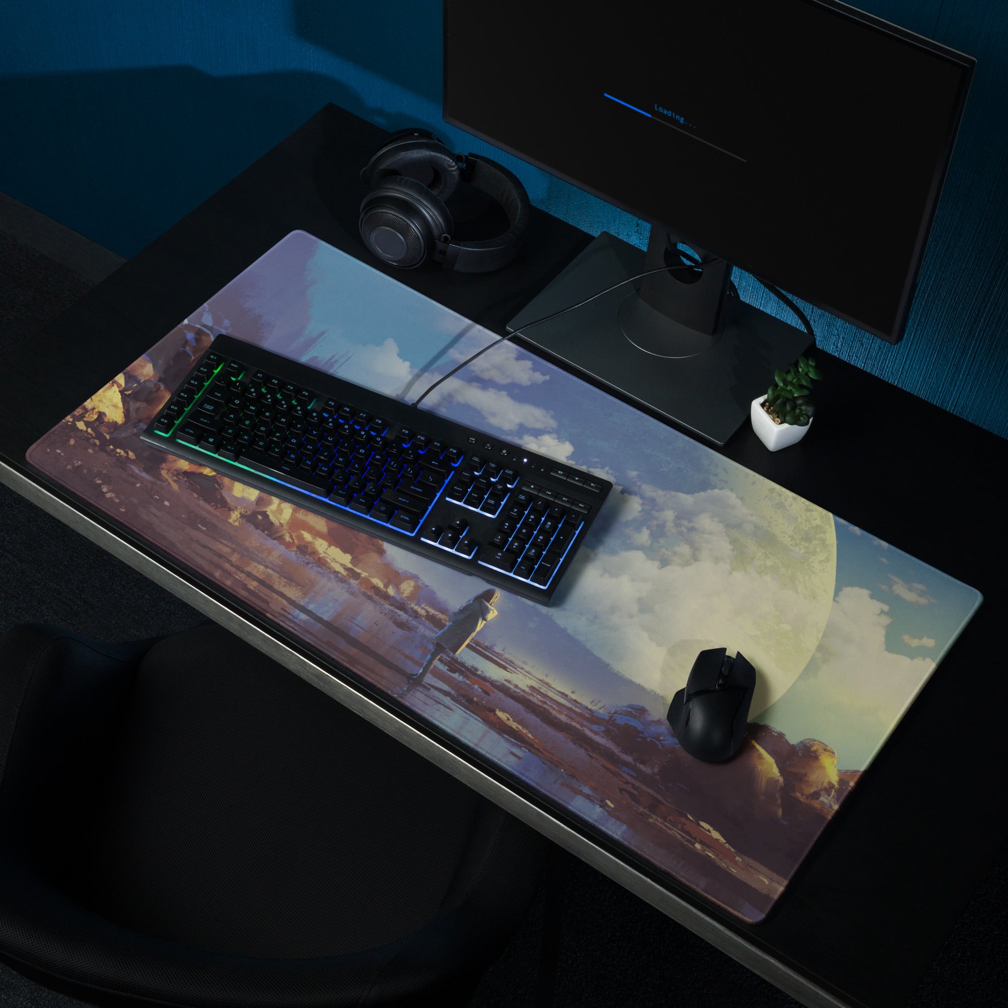 Gaming Mouse Pad Blue Moonlit Landscape For Desk Setup Surreal Painterly Dreamy Style Artwork