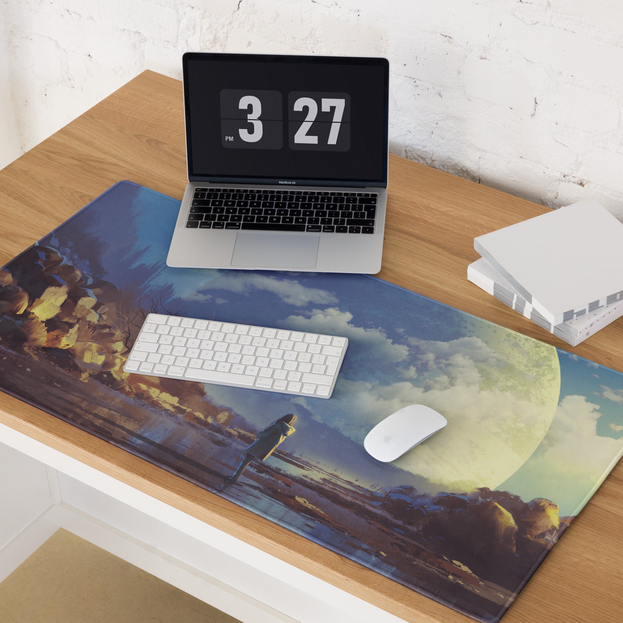 Gaming Mouse Pad Blue Moonlit Landscape For Desk Setup Surreal Painterly Dreamy Style Artwork