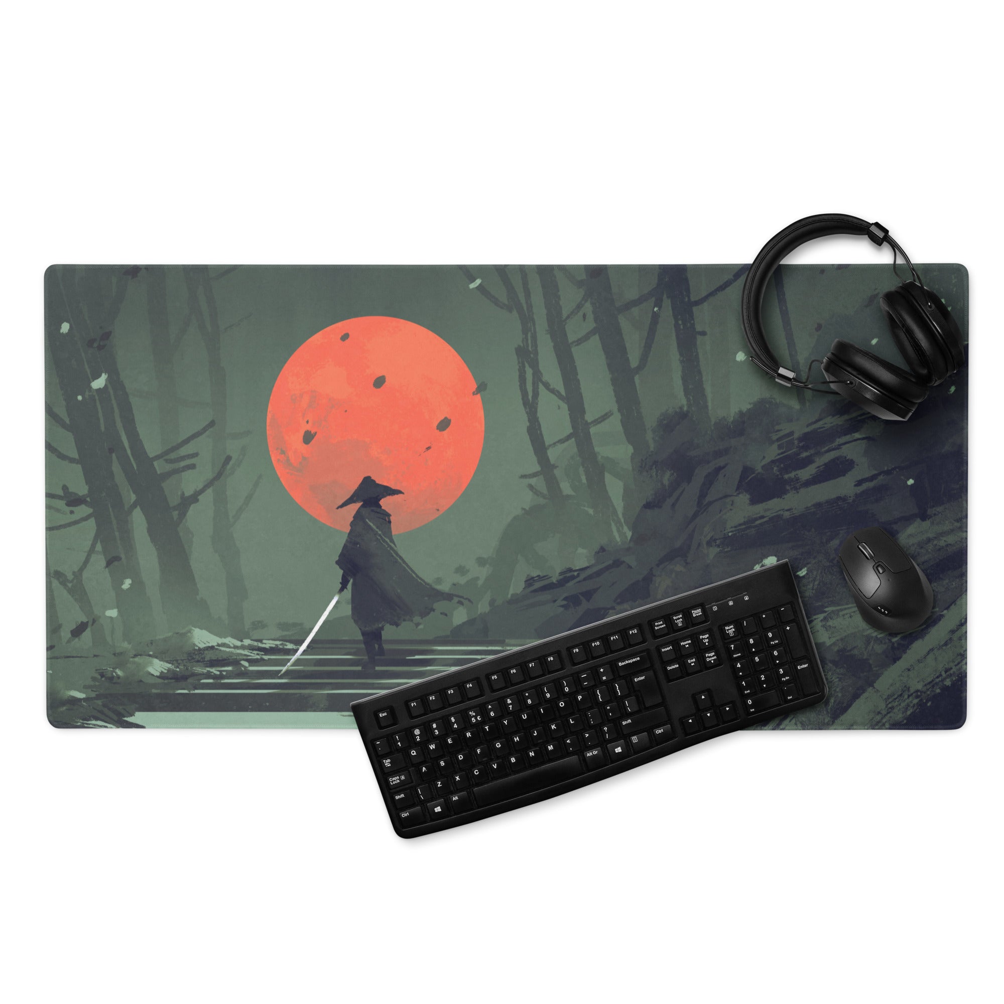 Samurai Warrior Moonlit Forest Gaming Mouse Pad Green Black Red Non Slip Edge Stitch