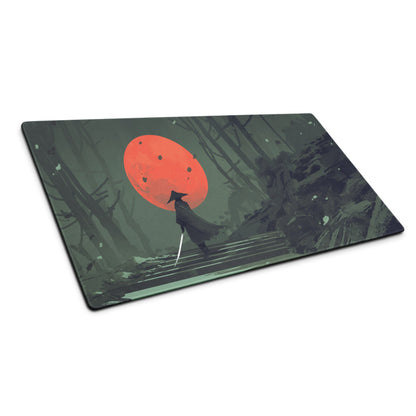 Samurai Warrior Moonlit Forest Gaming Mouse Pad Green Black Red Non Slip Edge Stitch