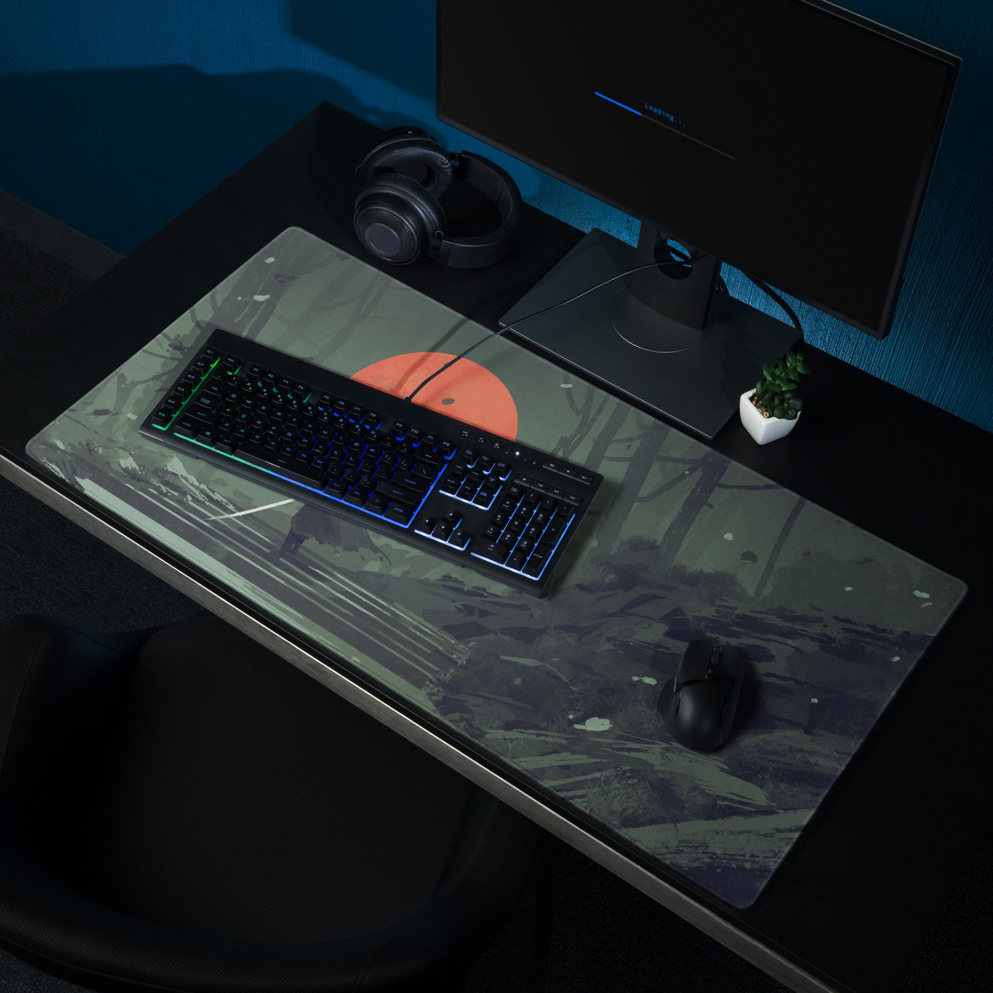 Samurai Warrior Moonlit Forest Gaming Mouse Pad Green Black Red Non Slip Edge Stitch
