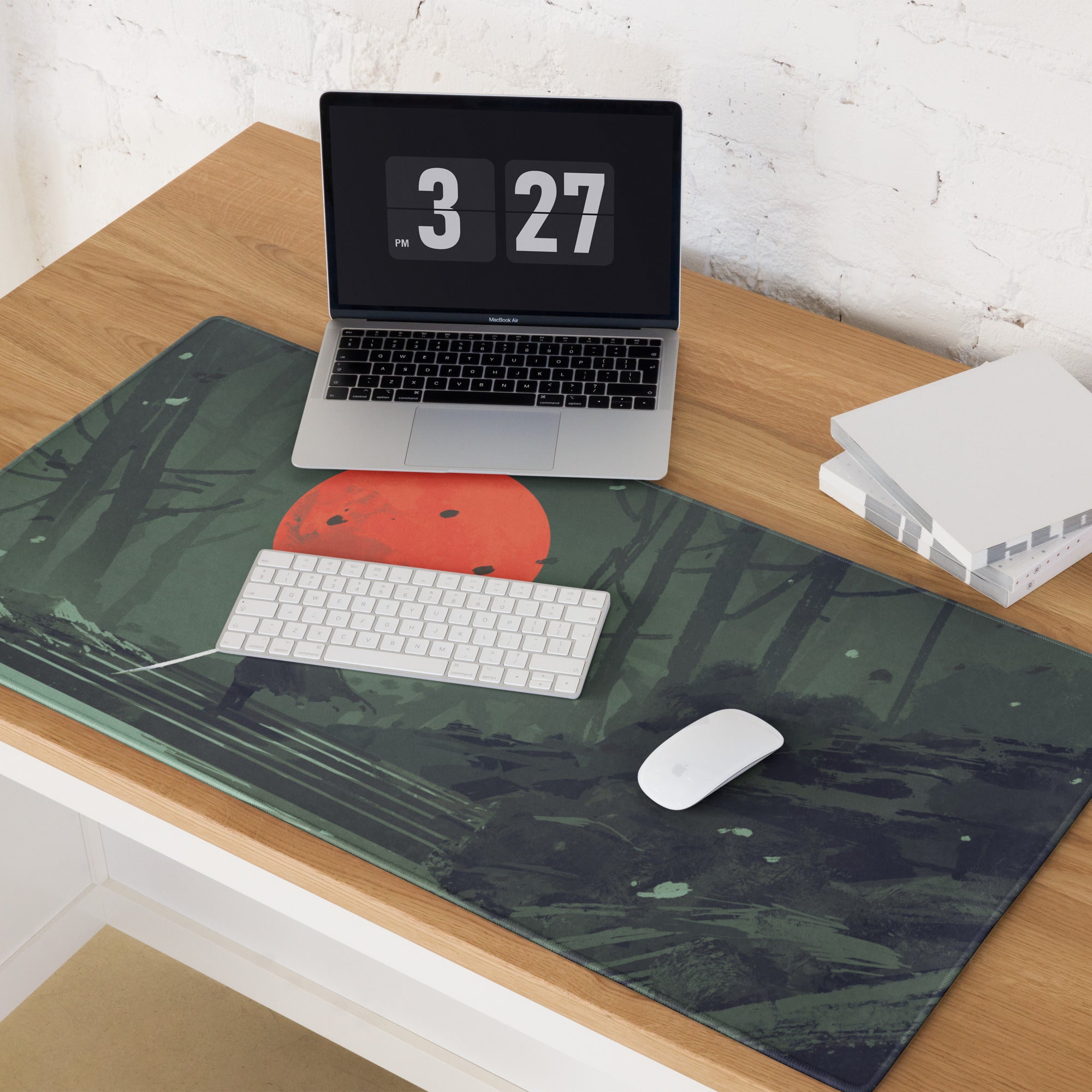 Samurai Warrior Moonlit Forest Gaming Mouse Pad Green Black Red Non Slip Edge Stitch