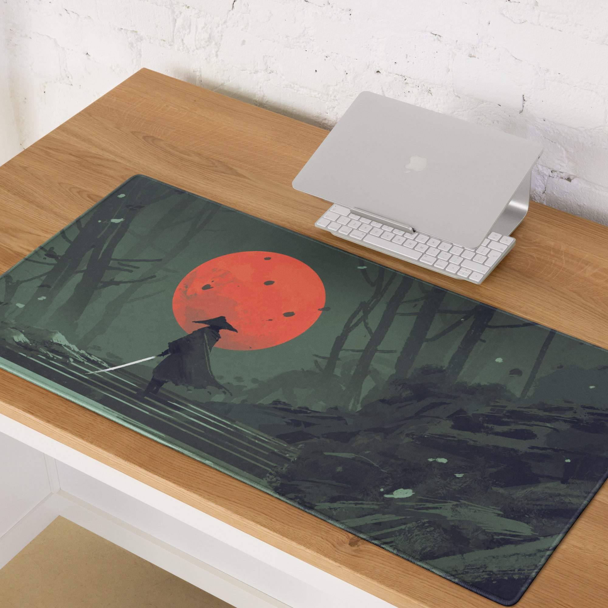 Rectangular dark green and black samurai forest gaming mousepad with red moon and eerie ink wash design