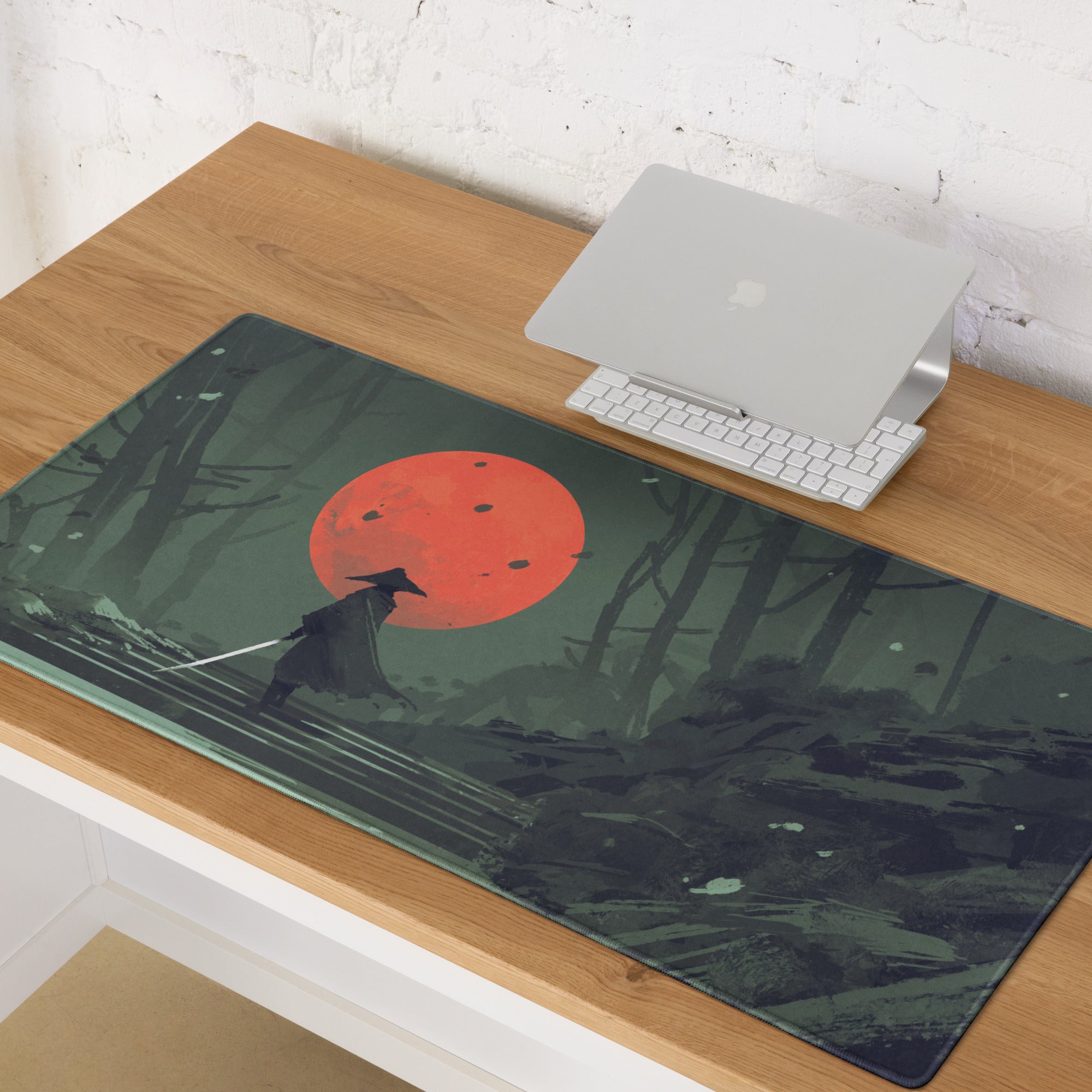 Samurai Warrior Moonlit Forest Gaming Mouse Pad Green Black Red Non Slip Edge Stitch