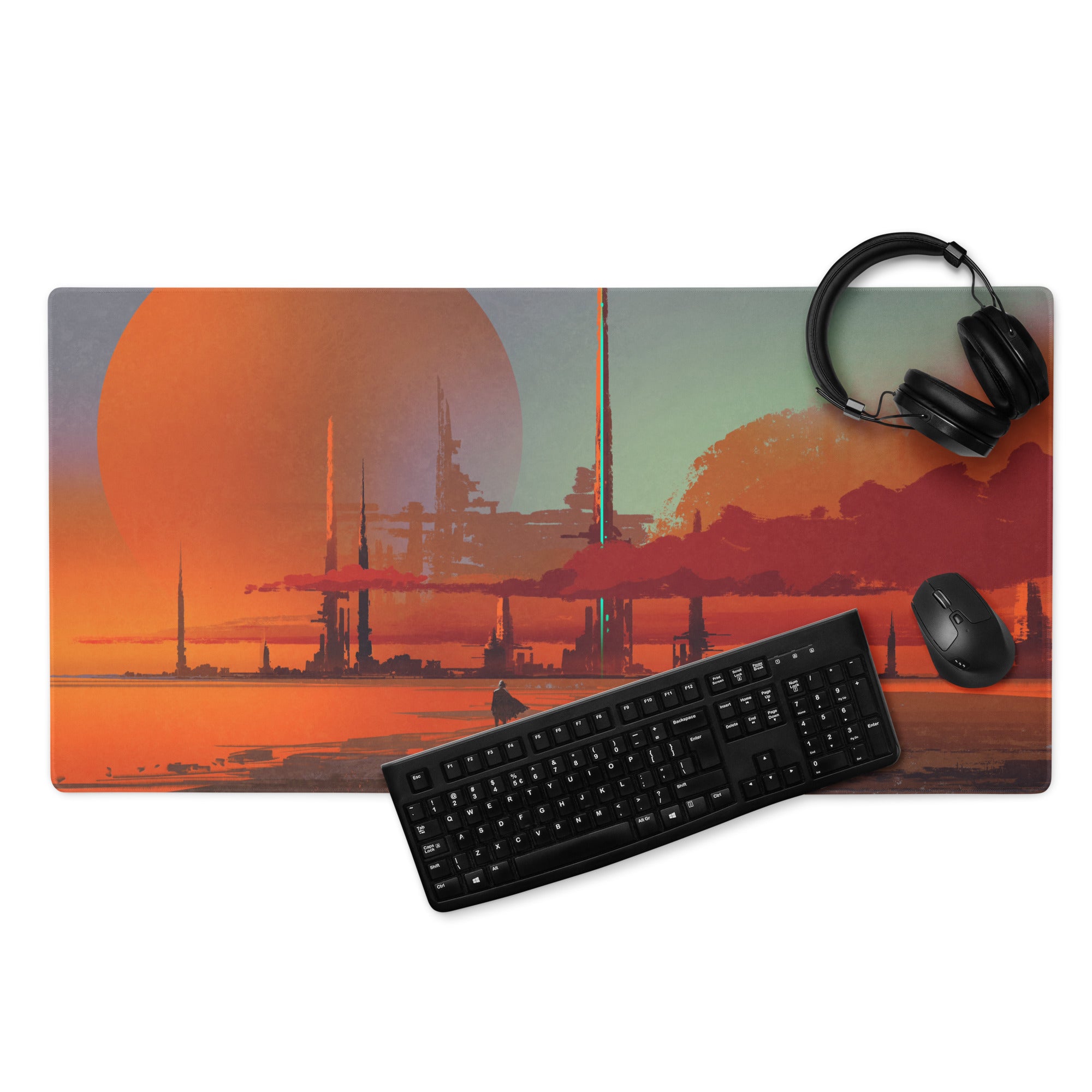 Gaming Mouse Pad Orange Teal Sunset Cityscape For Gaming Desk Setup Retro Futuristic Cyberpunk Style