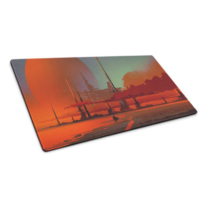 Gaming Mouse Pad Orange Teal Sunset Cityscape For Gaming Desk Setup Retro Futuristic Cyberpunk Style