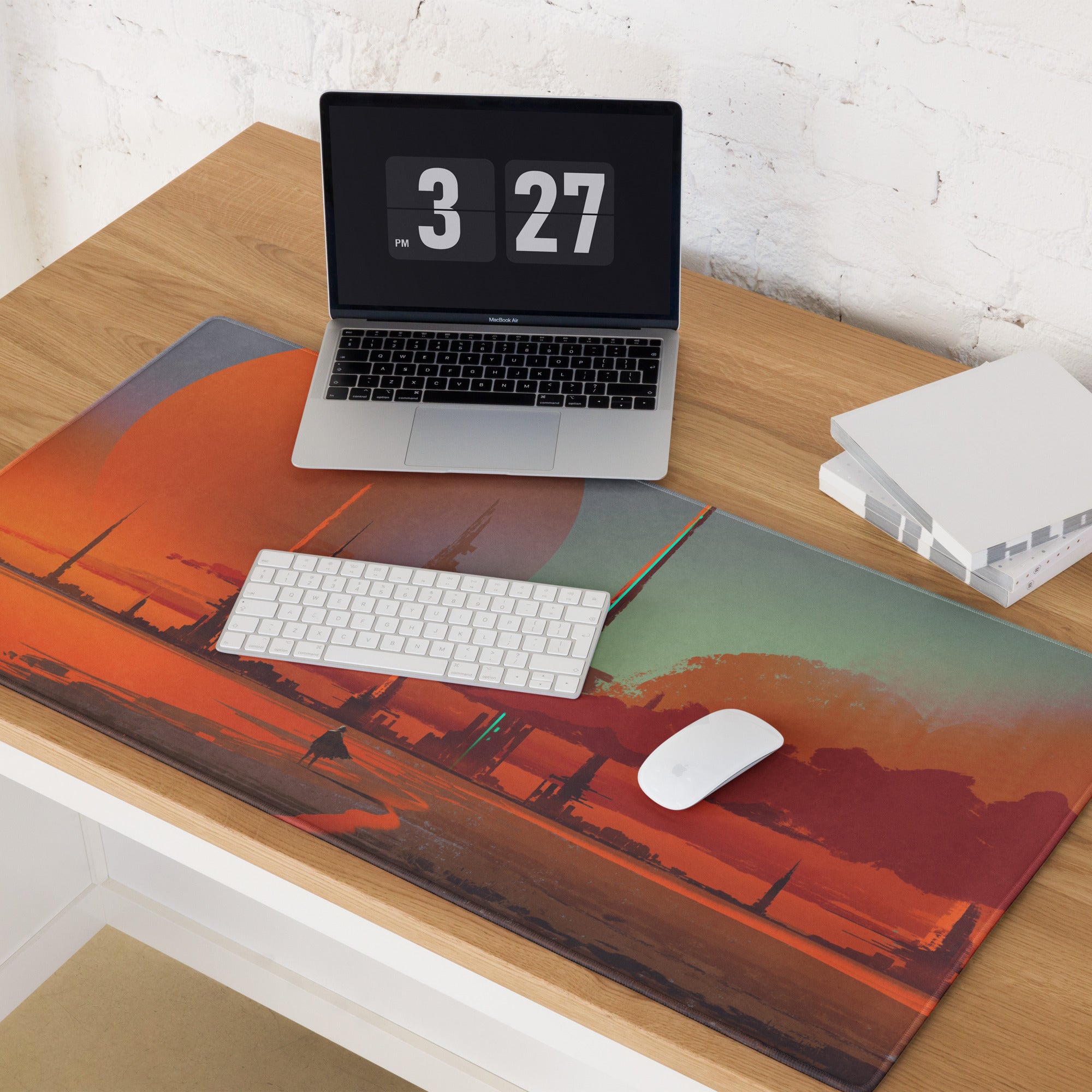 Gaming Mouse Pad Orange Teal Sunset Cityscape For Gaming Desk Setup Retro Futuristic Cyberpunk Style