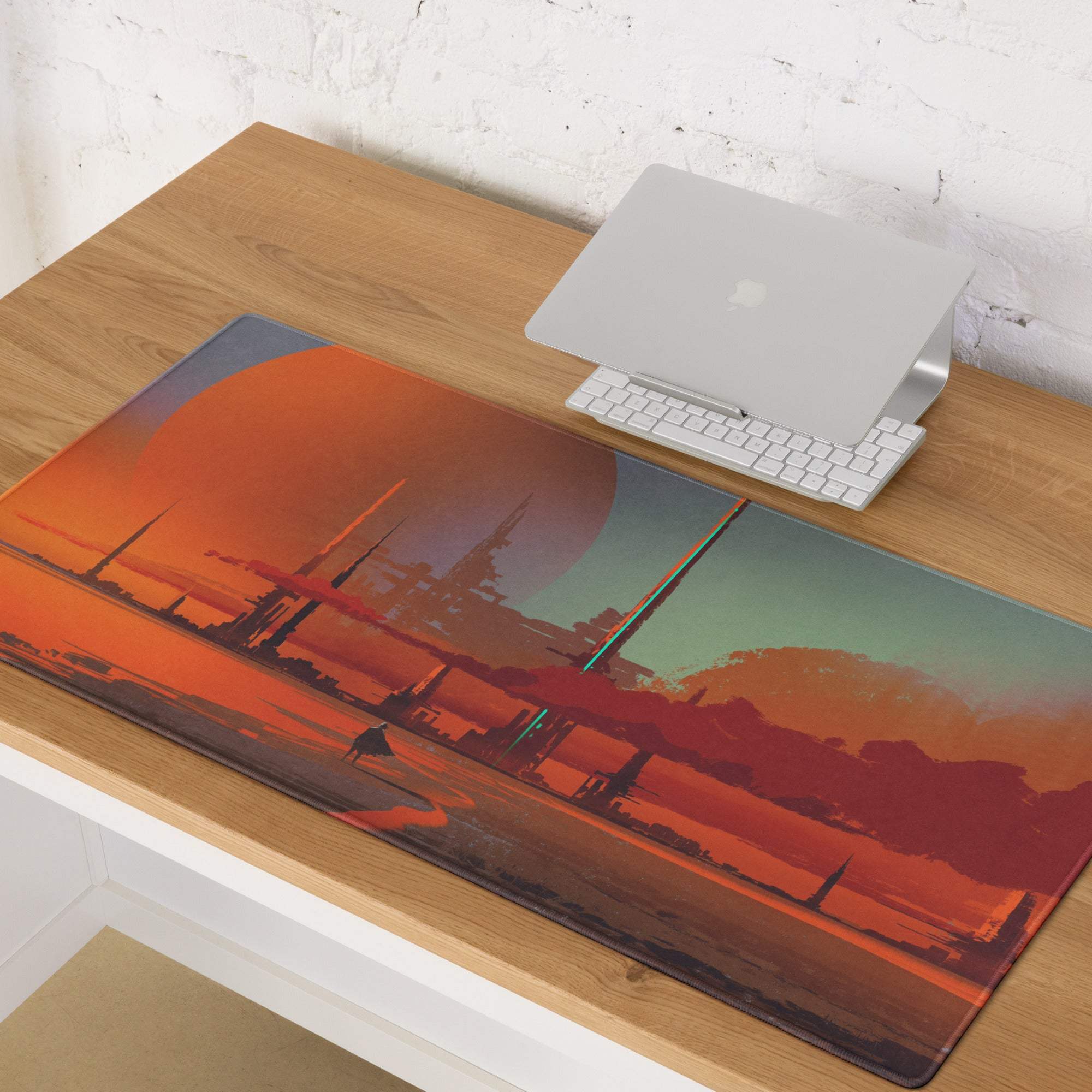 A rectangular vibrant orange and teal sci-fi cityscape mouse pad with a glossy finish for gaming desk use