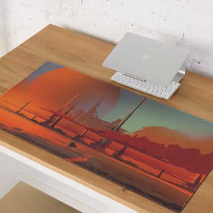 Gaming Mouse Pad Orange Teal Sunset Cityscape For Gaming Desk Setup Retro Futuristic Cyberpunk Style