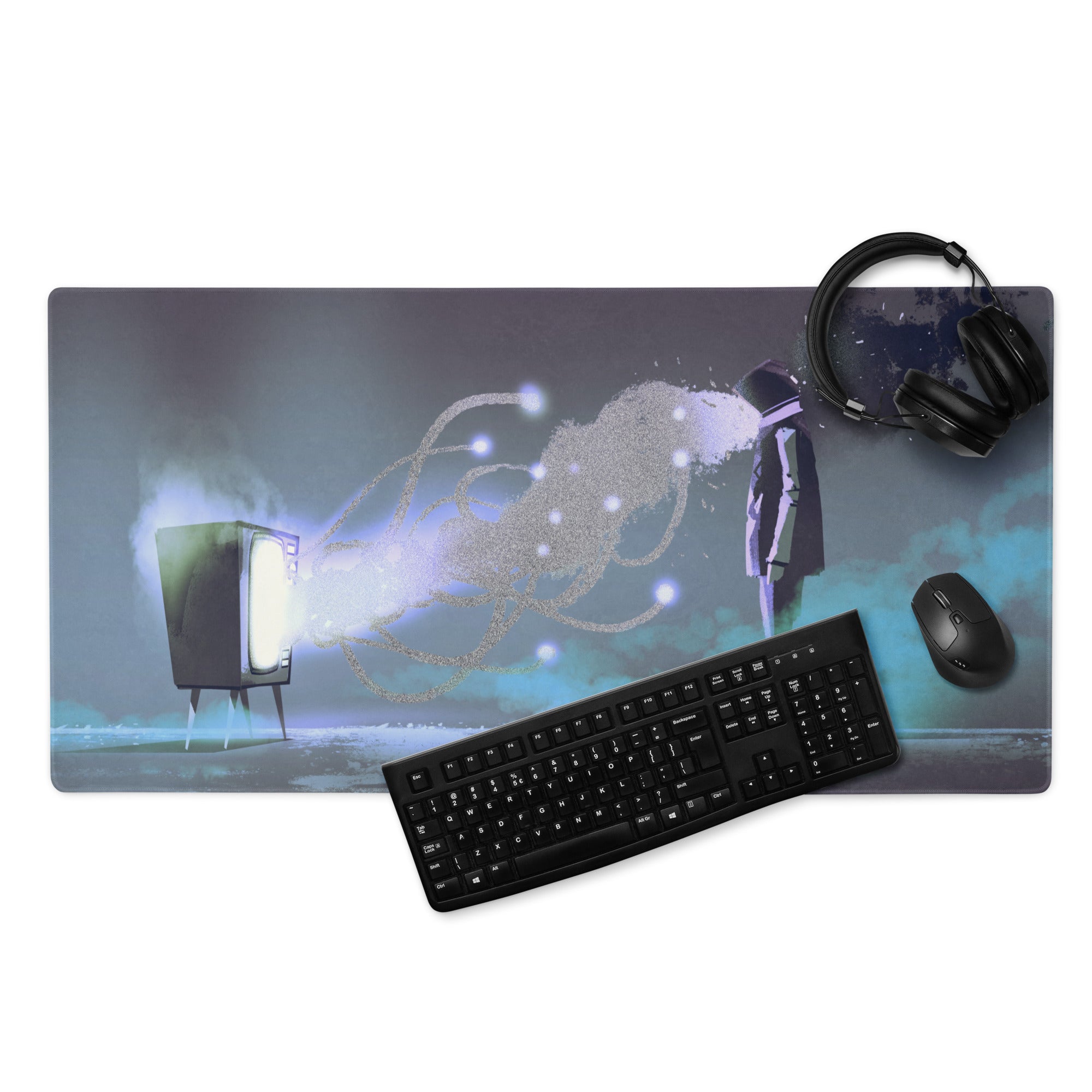 Gaming Mouse Pad Dark Navy Blue Purple Teal Neon for Desk Setup Cyberpunk Style Large Non Slip Edge Stitched
