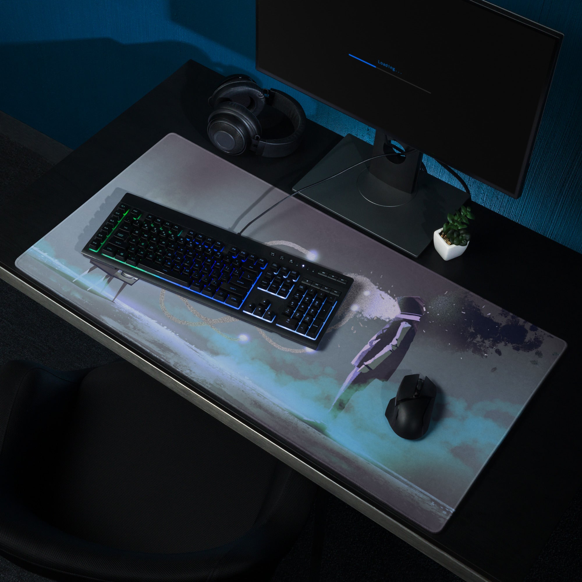 Gaming Mouse Pad Dark Navy Blue Purple Teal Neon for Desk Setup Cyberpunk Style Large Non Slip Edge Stitched