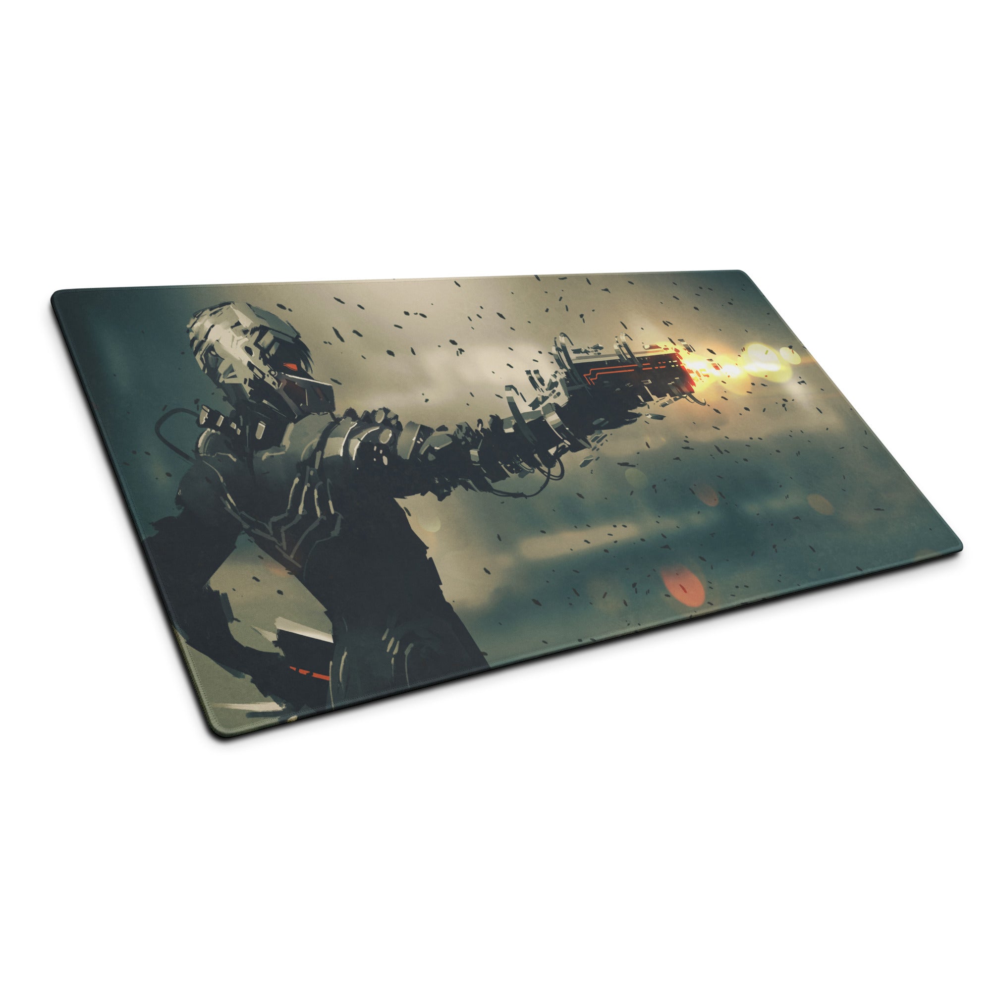 Dark Blue Black Orange Mech Battle Gaming Mouse Pad For Desk Setup Sci Fi Digital Art