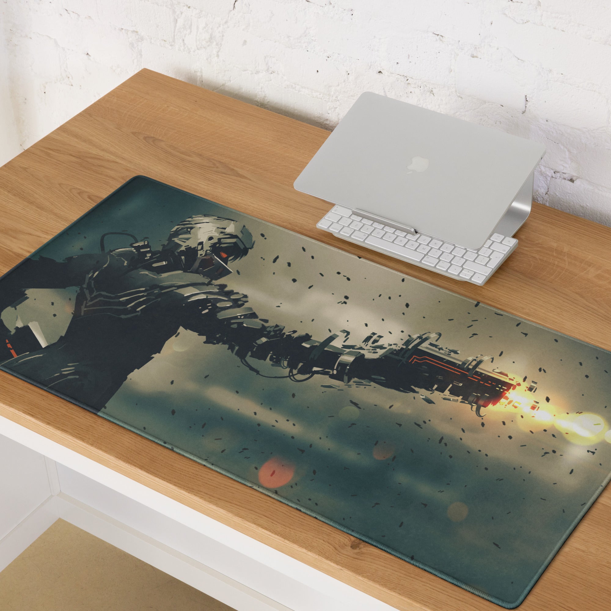 Dark Blue Black Orange Mech Battle Gaming Mouse Pad For Desk Setup Sci Fi Digital Art