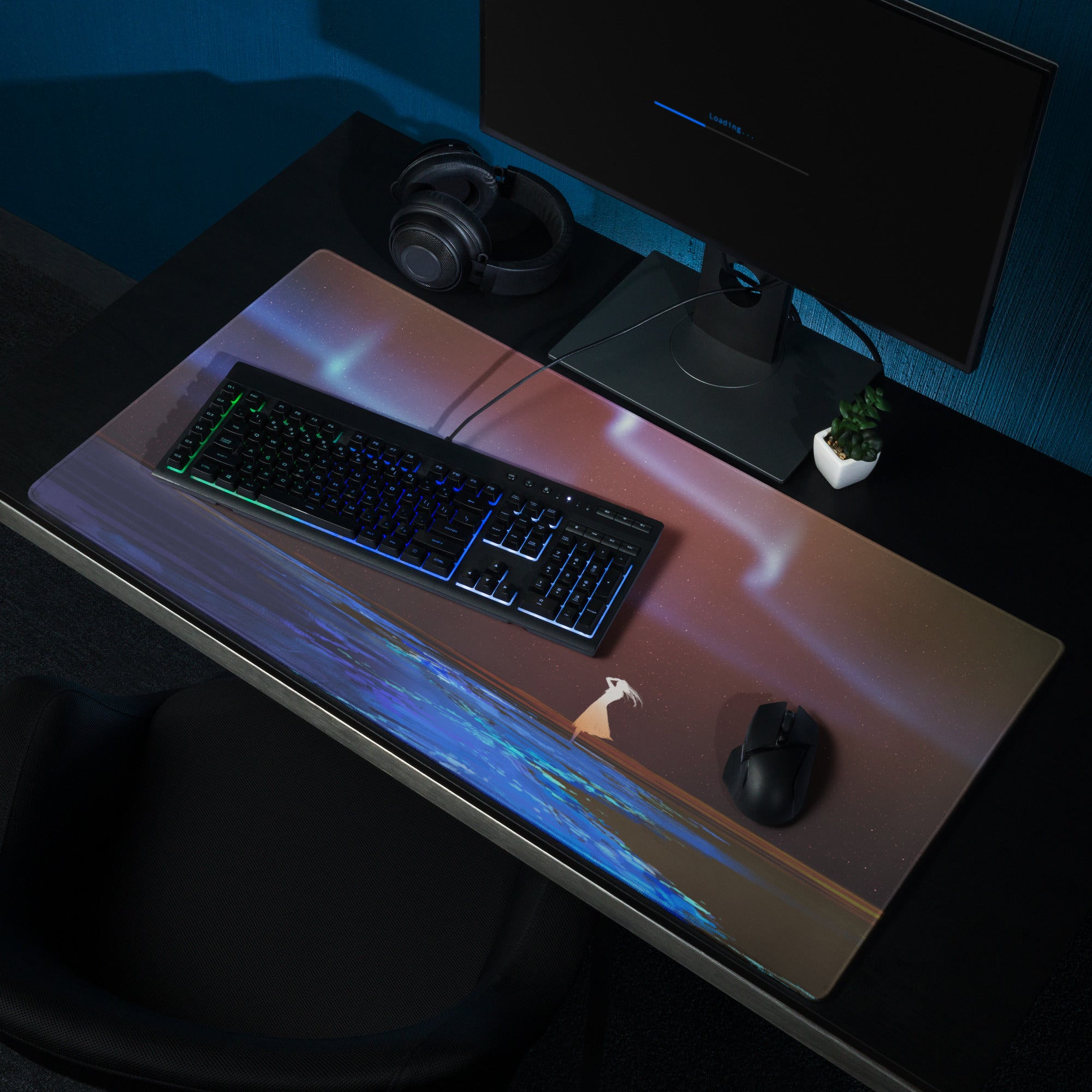 Space Themed Gaming Mouse Pad Large Desk Mat In Deep Blue Purple Hues Non Slip Edge Stitching Immersive Celestial Style