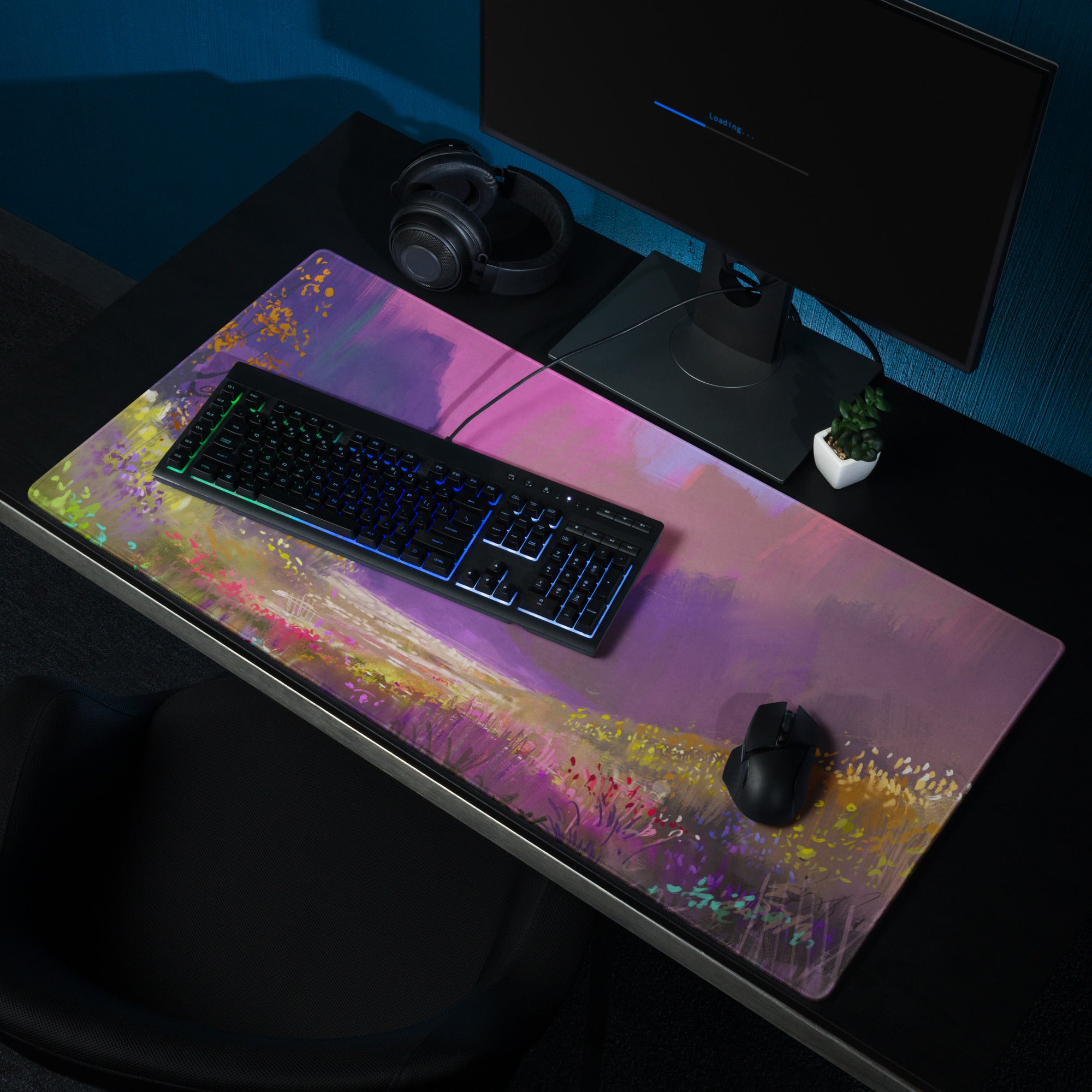 Abstract Landscape Purple Pink Gaming Desk Mouse Pad Painterly Art Vibrant Mood Modern Decor Watercolor Style