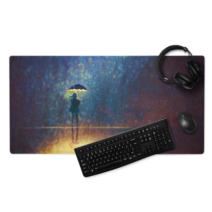 Gaming Mouse Pad Navy Blue And Amber Gradient With Umbrella Silhouette For Gaming Desk Moody Cinematic Art Style
