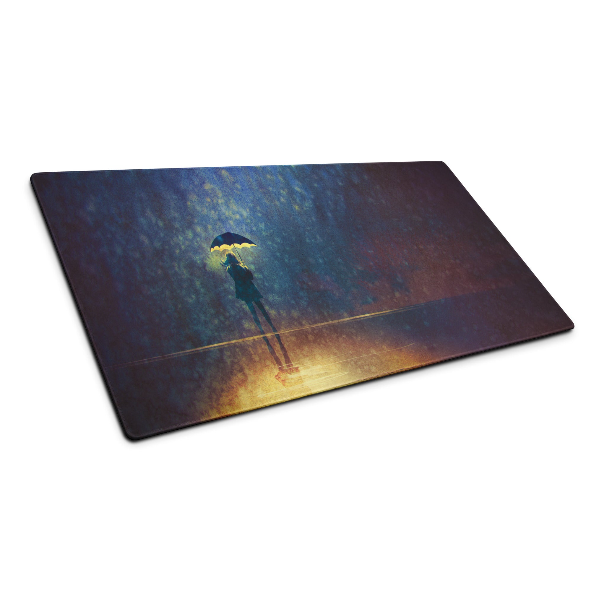 Gaming Mouse Pad Navy Blue And Amber Gradient With Umbrella Silhouette For Gaming Desk Moody Cinematic Art Style