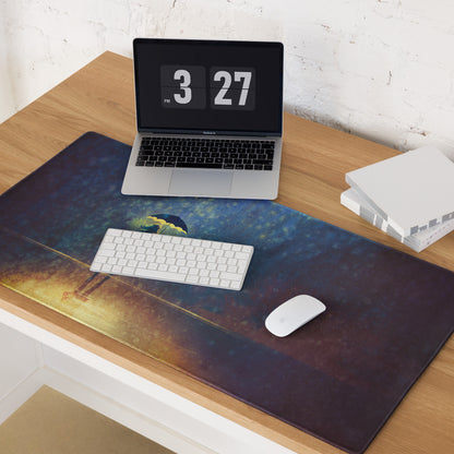 Gaming Mouse Pad Navy Blue And Amber Gradient With Umbrella Silhouette For Gaming Desk Moody Cinematic Art Style