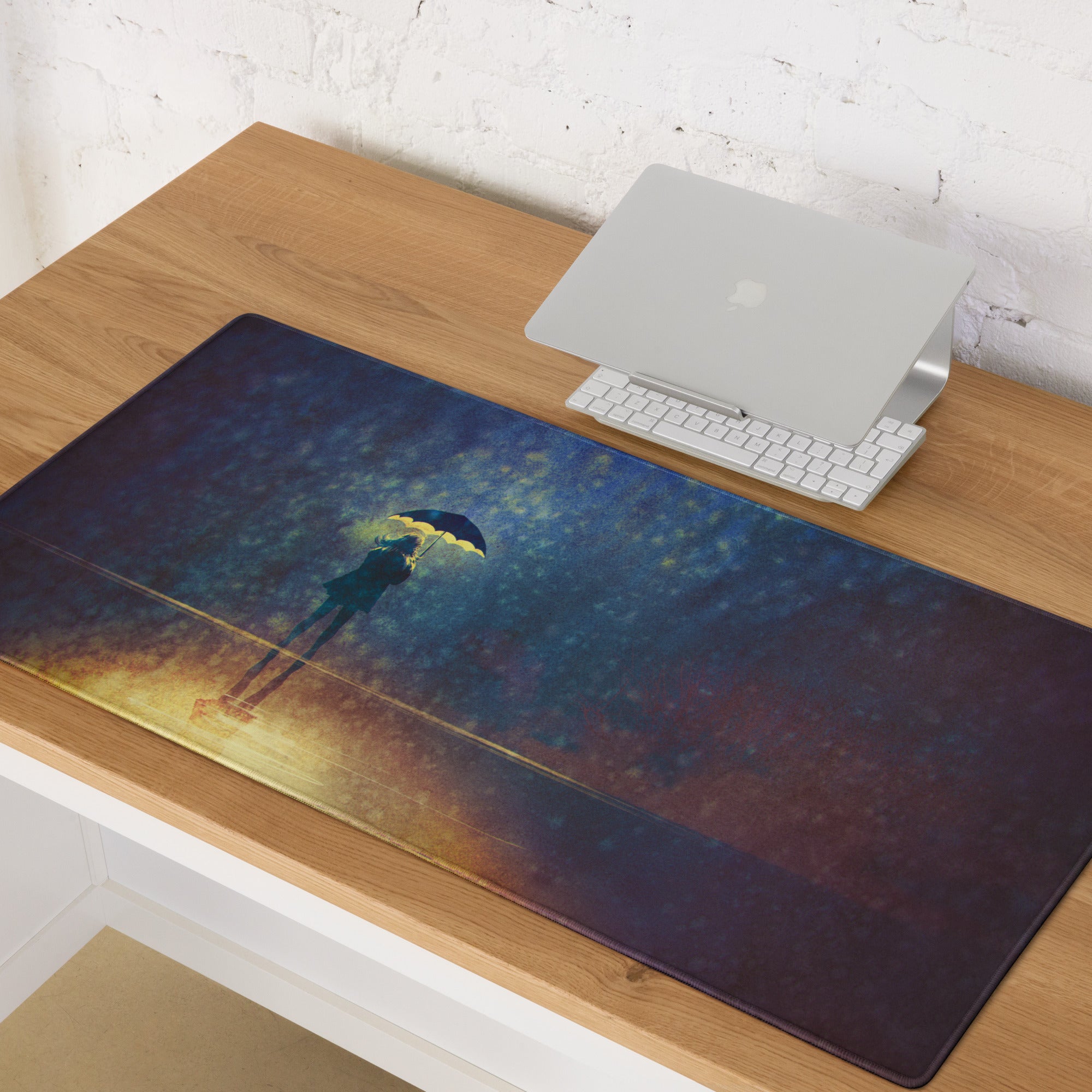 Gaming Mouse Pad Navy Blue And Amber Gradient With Umbrella Silhouette For Gaming Desk Moody Cinematic Art Style