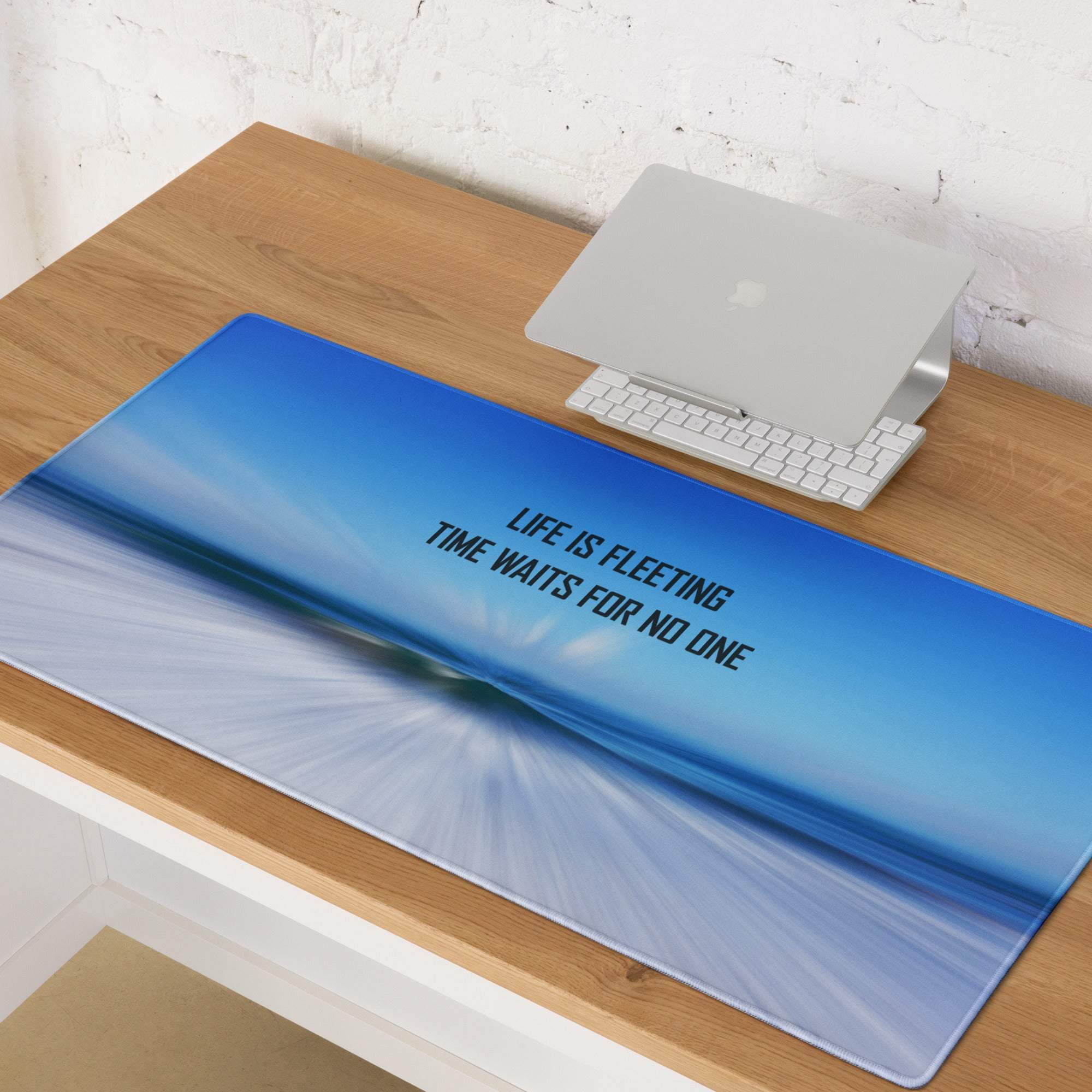 Blue gradient ocean themed mousepad with black text life is fleeting time waits for no one digital print desk accessory
