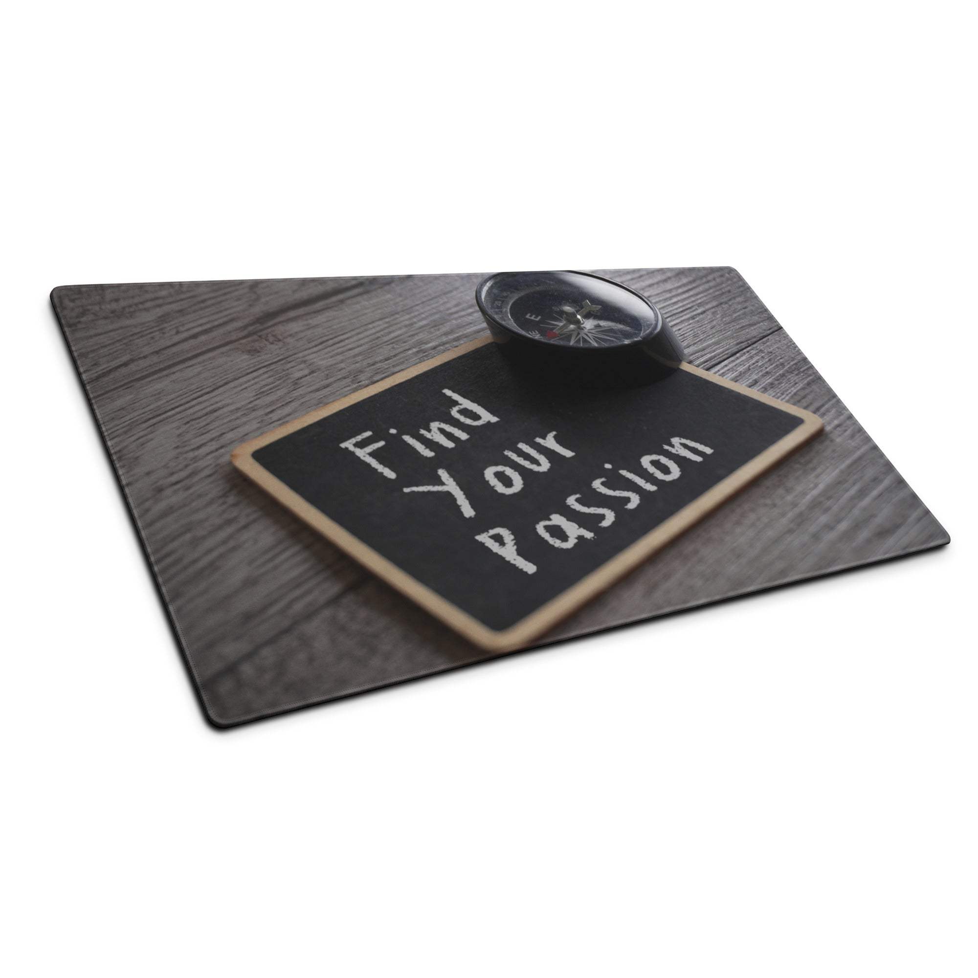 Dark wood-grain mousepad featuring a black white chalkboard with find your passion text and a black compass on top