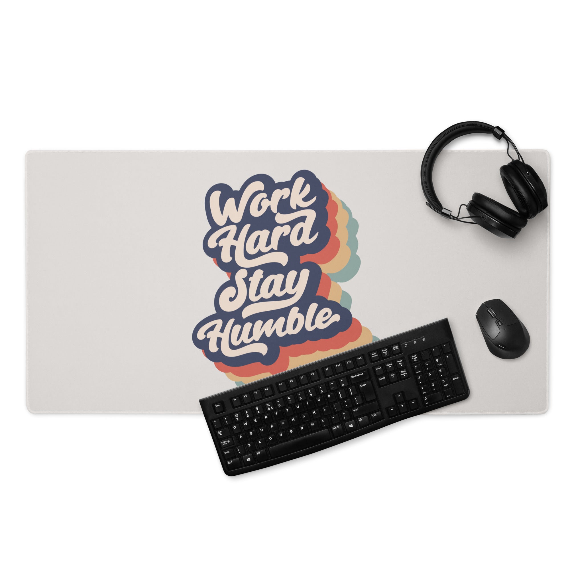 Motivational Rainbow Mouse Pad For Desk And Gaming Setup With Work Hard Stay Humble Retro Pop Art Style