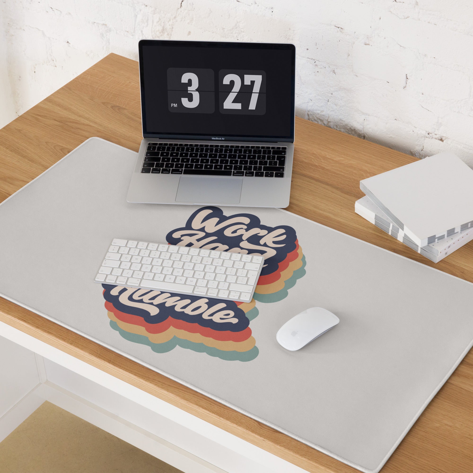 Motivational Rainbow Mouse Pad For Desk And Gaming Setup With Work Hard Stay Humble Retro Pop Art Style