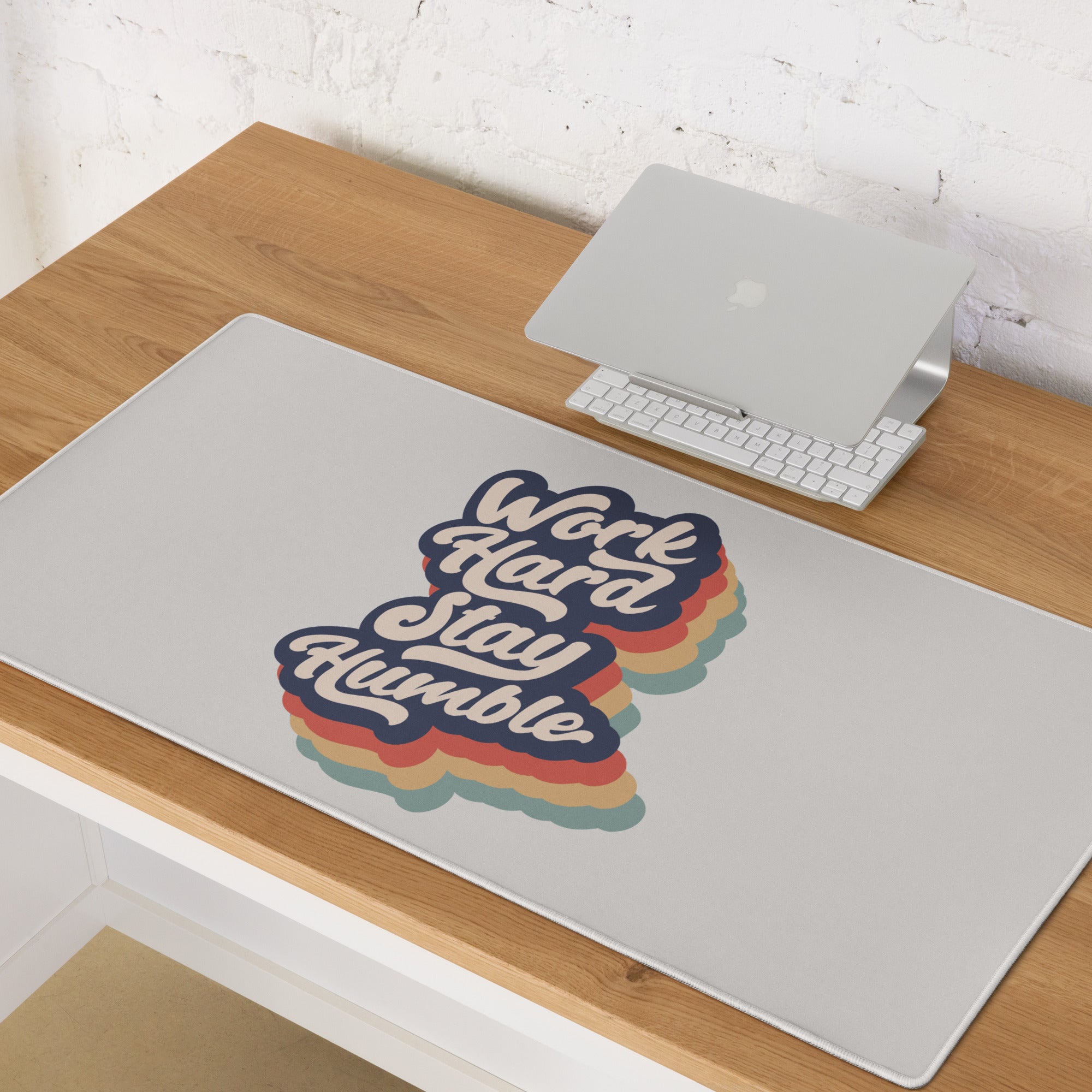 Motivational Rainbow Mouse Pad For Desk And Gaming Setup With Work Hard Stay Humble Retro Pop Art Style