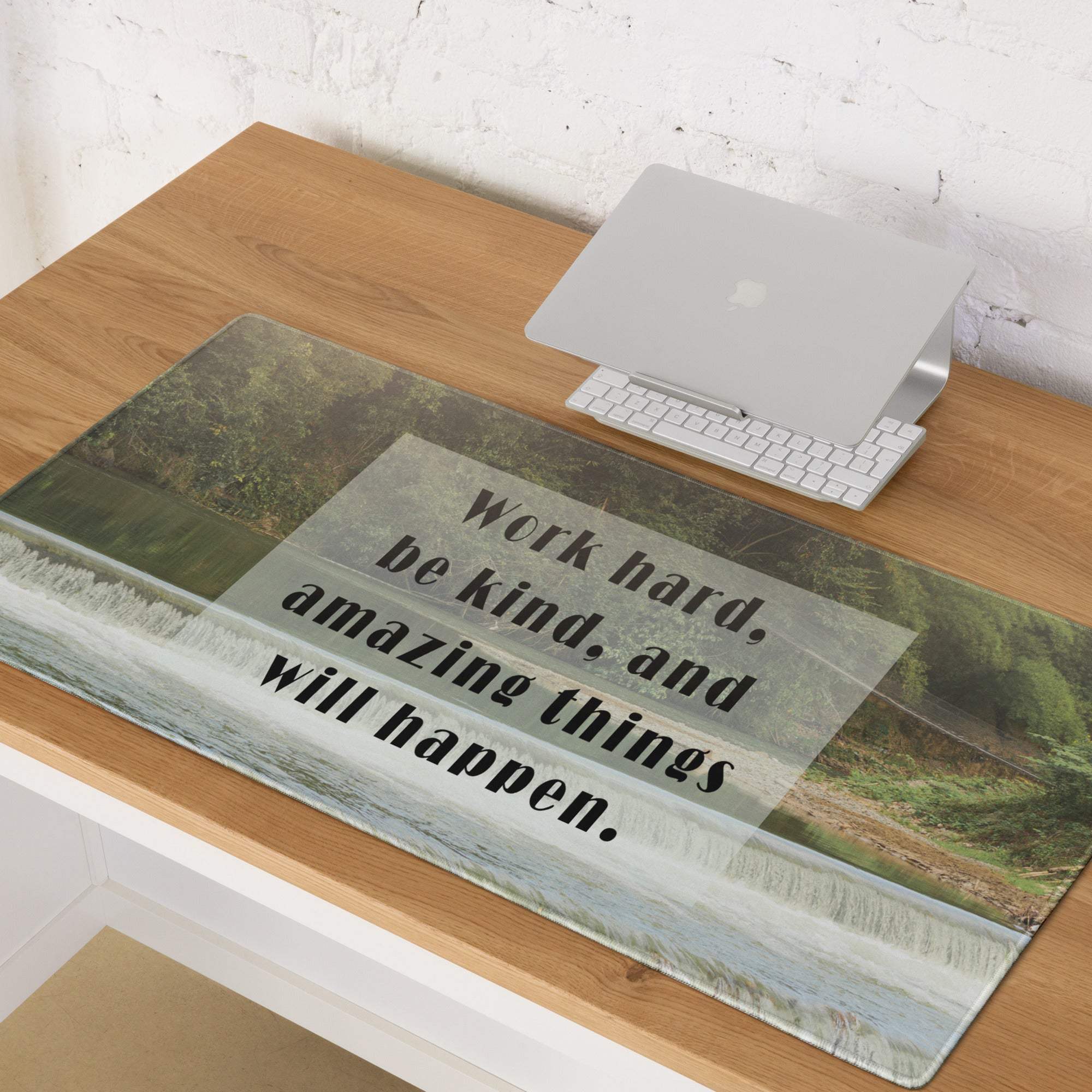 Inspiring nature quote transparent rectangular mousepad with river forest backdrop and motivational text for office use