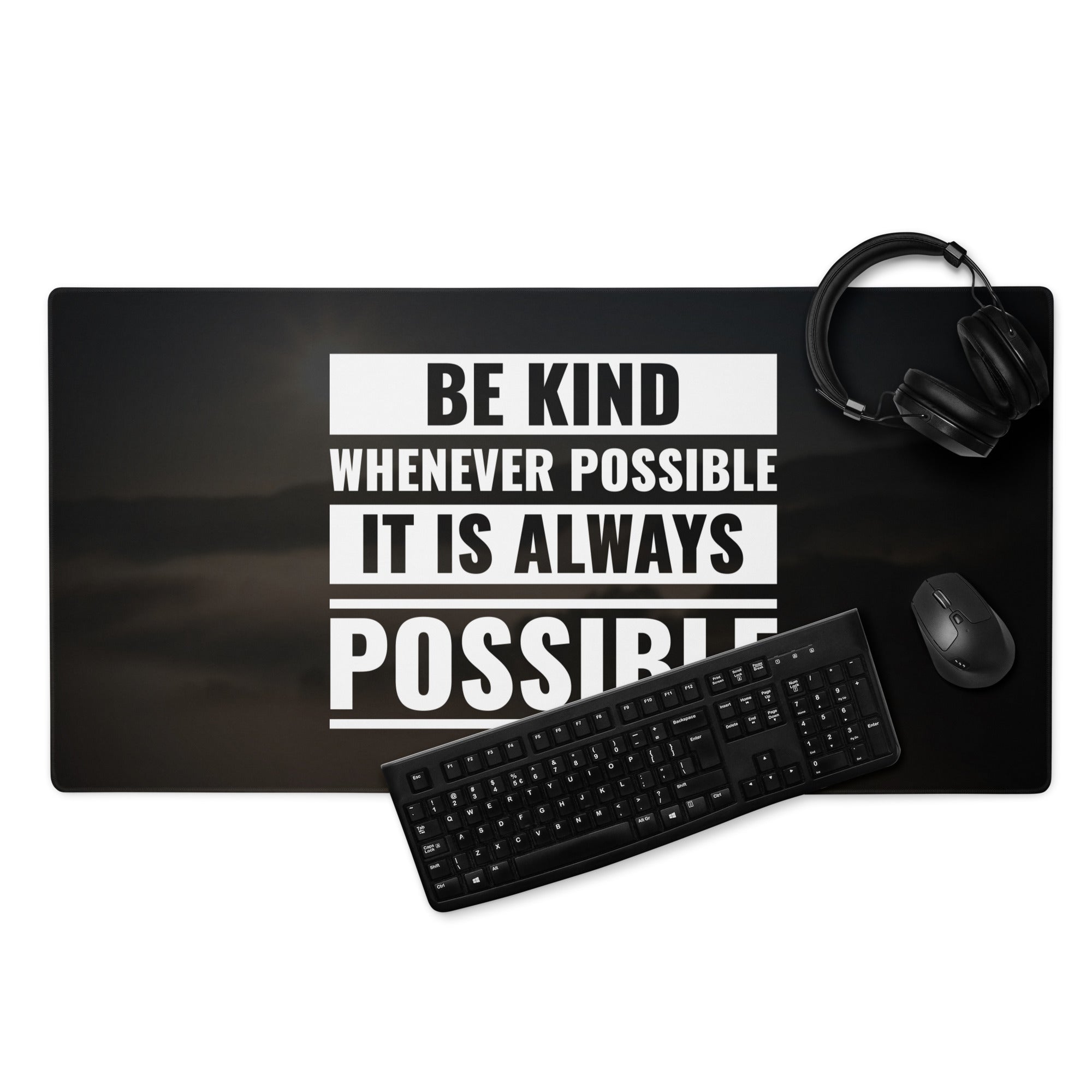 Be Kind Large Gaming Mouse Pad Black Desk Mat With Non Slip Surface Motivational Typography Office Decor