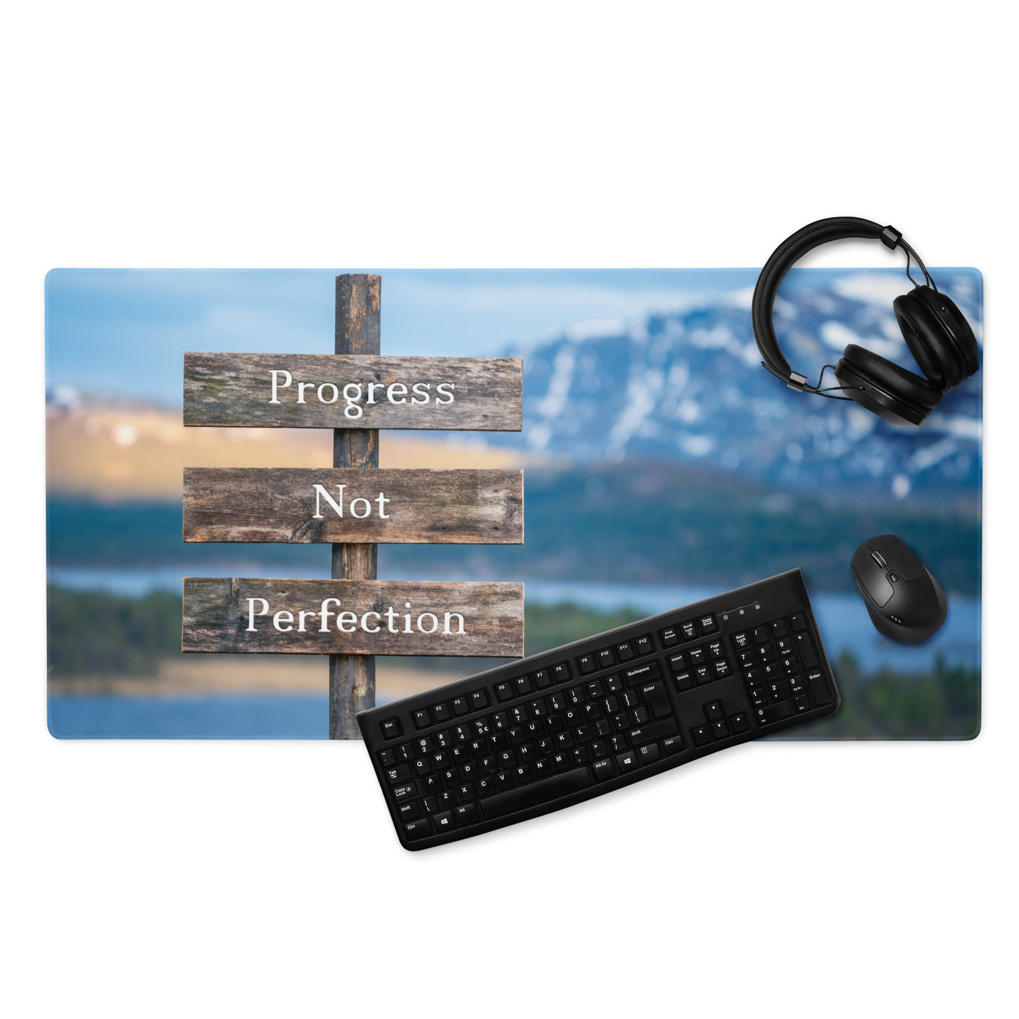Progress Not Perfection Mouse Pad Rustic Wooden Sign Desk Brown Blue For Home Office Motivational Decor