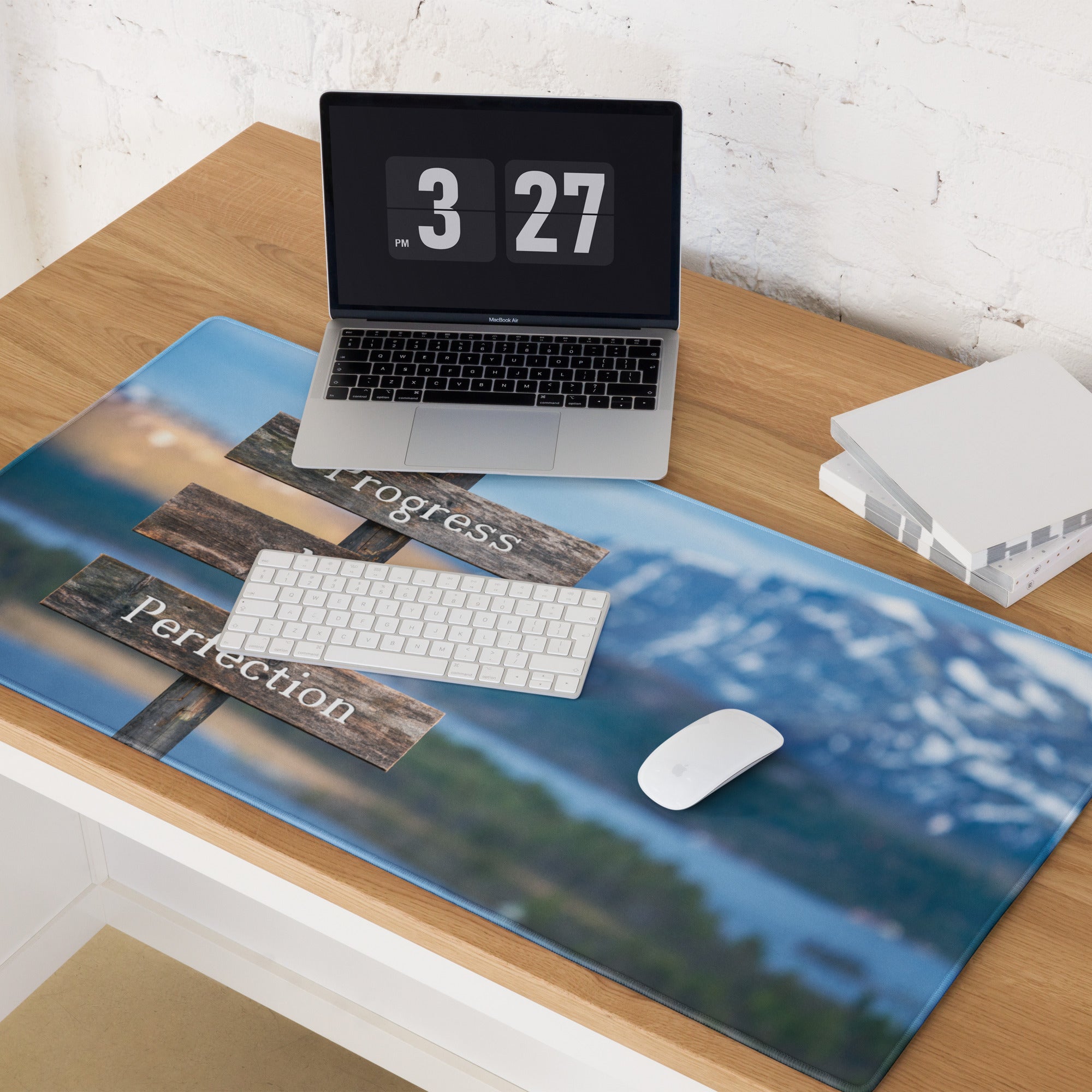 Progress Not Perfection Mouse Pad Rustic Wooden Sign Desk Brown Blue For Home Office Motivational Decor